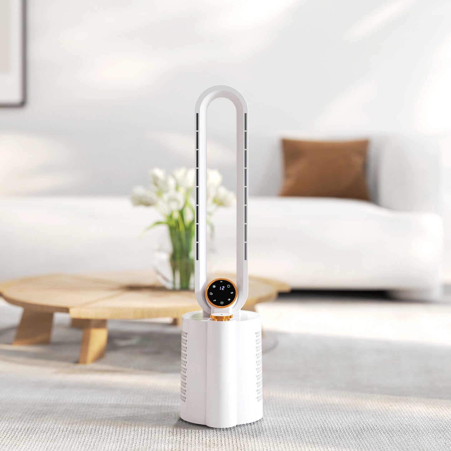 HOMCOM Bladeless Tower Fan And Humidifier White Multi Mode UV Sterilisation Low Noise 28 dB