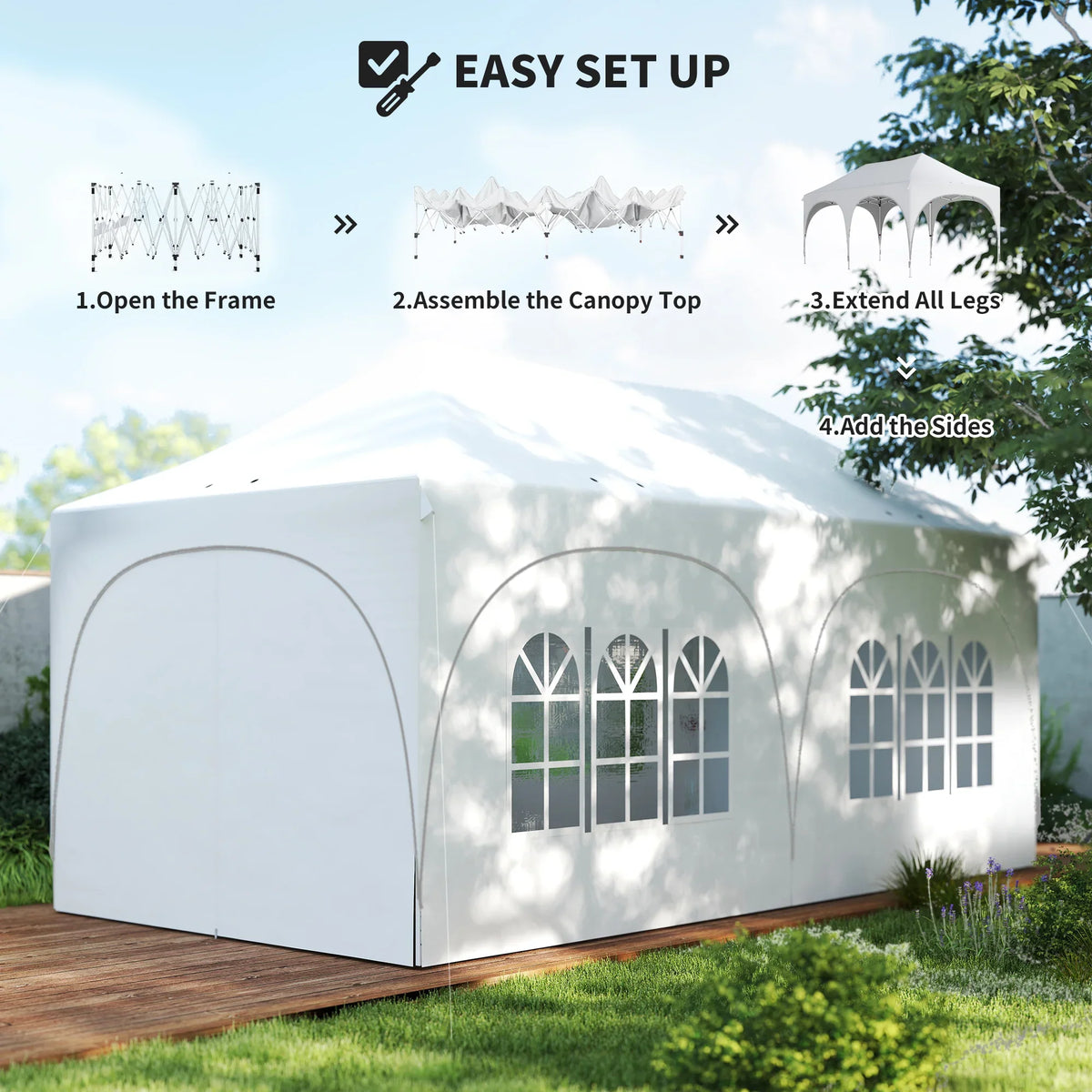 White pop-up gazebo tent with arched side panels and easy setup shown