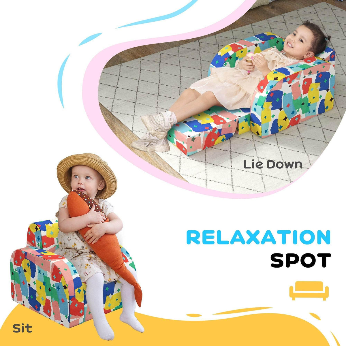 Colorful foldable toddler armchair, padded seat for lounging, child lying down.