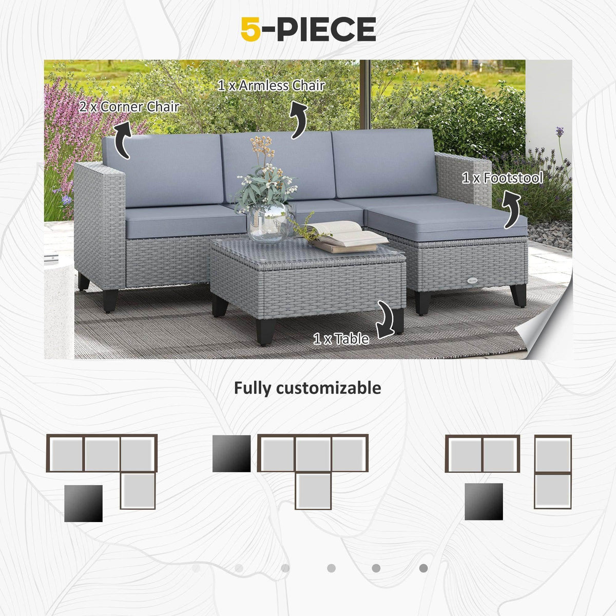 Outsunny grey 5-piece rattan patio set with corner sofa, armless chairs, footstool, table