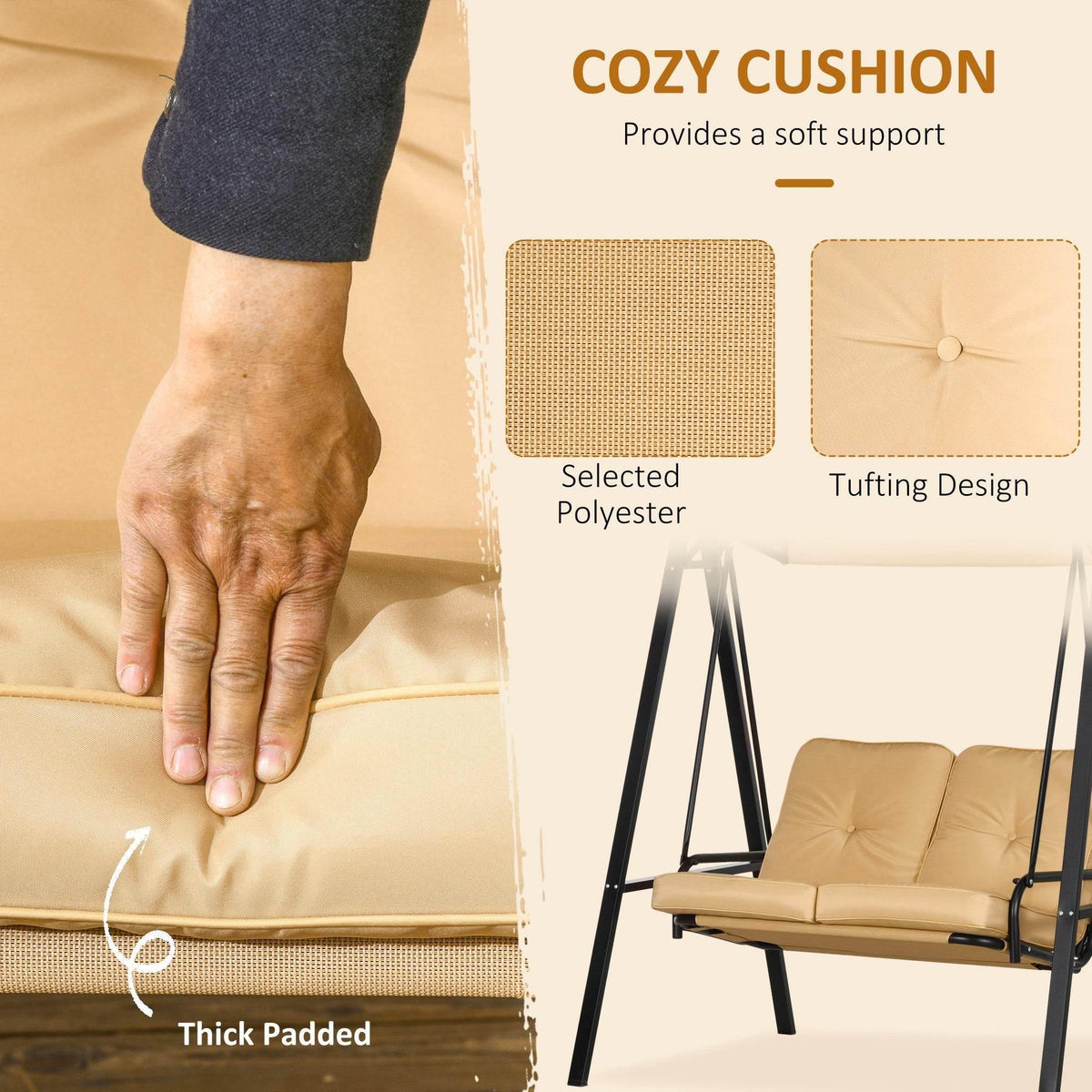 Beige thick-padded swing bench cushion with tufted center for soft support
