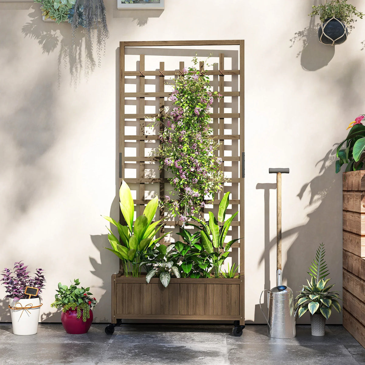 Brown wooden trellis planter on wheels with raised bed, surrounded by potted greenery