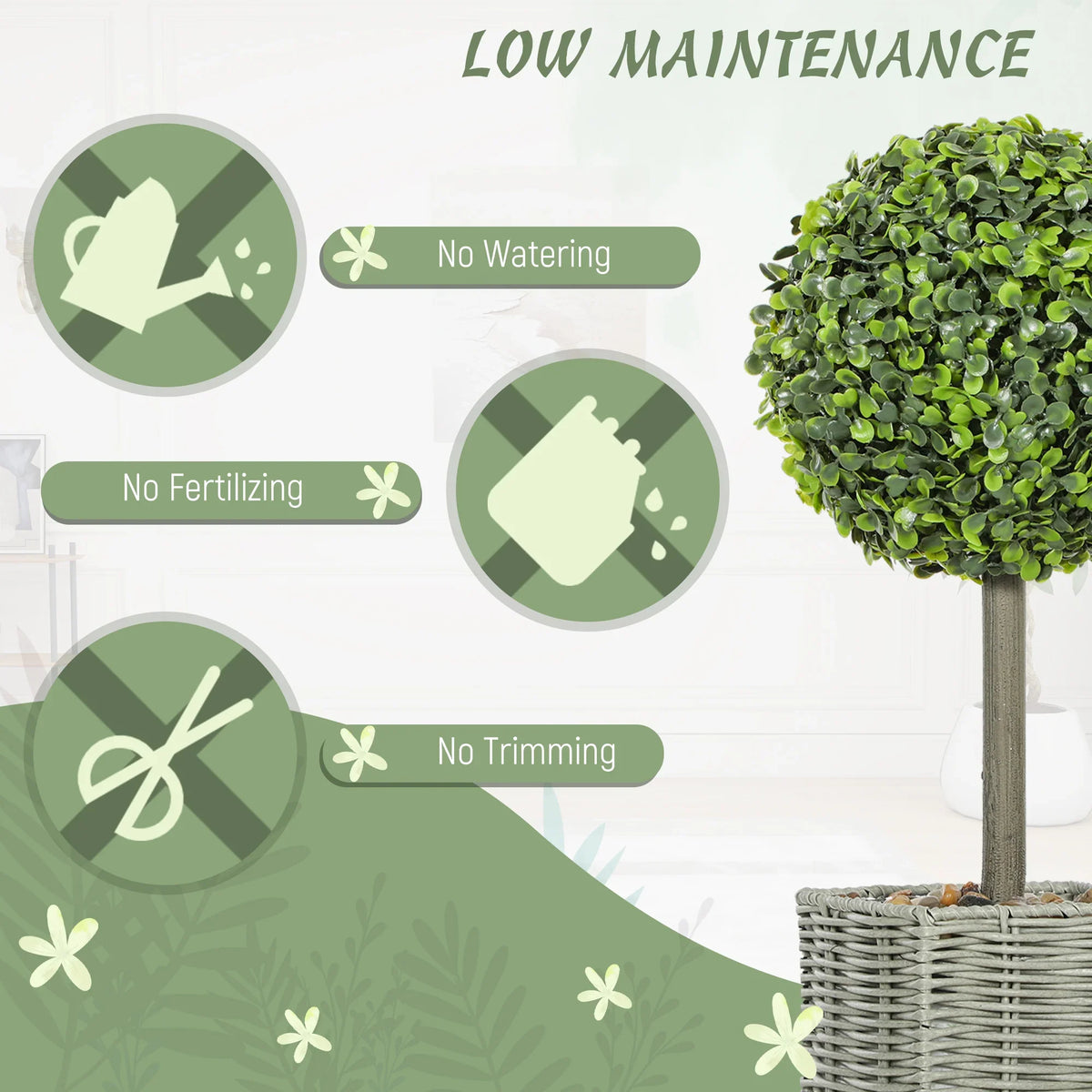 Artificial green topiary ball plant with woven gray plastic pot and short gray trunk