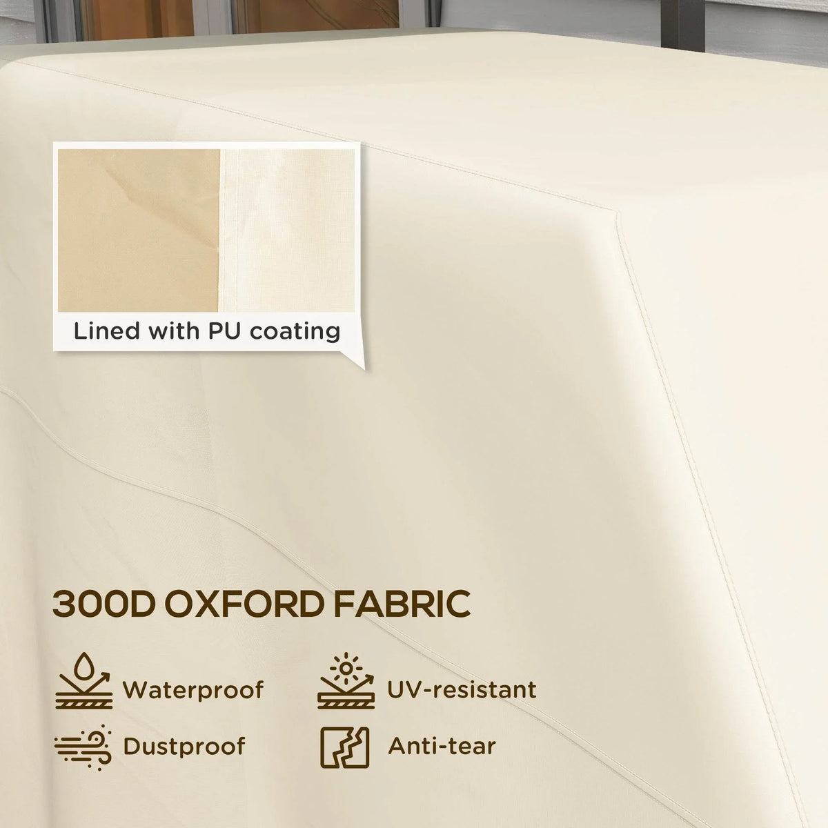 Beige PU-coated BBQ grill cover fabric panel with smooth waterproof lining detail