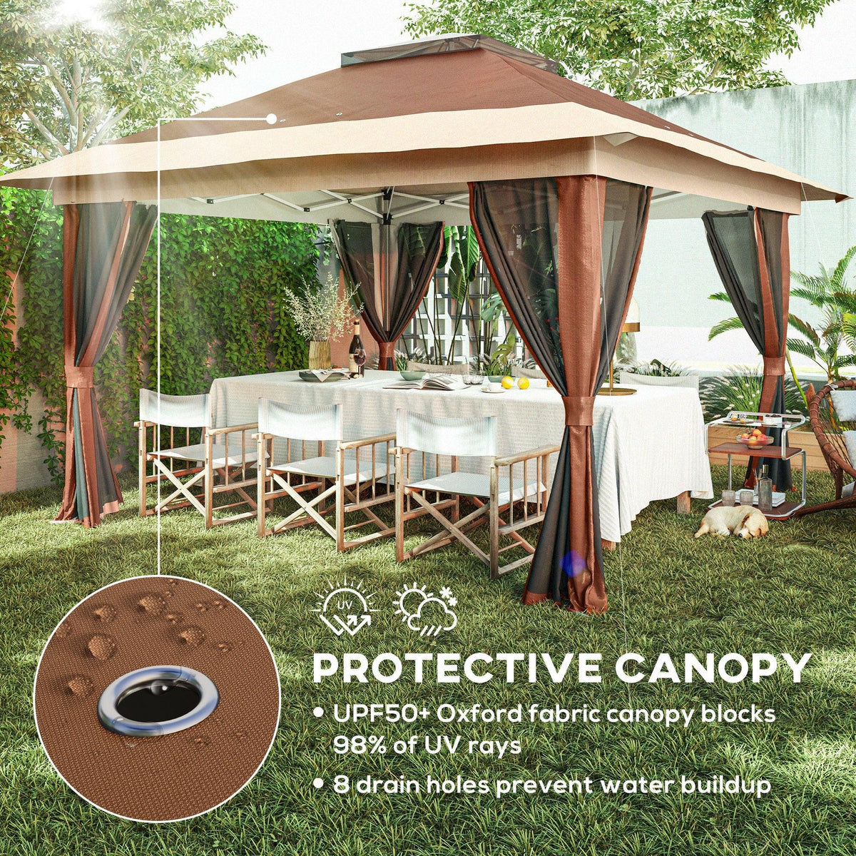 Brown pop-up gazebo with protective canopy fabric and hanging side curtain panels