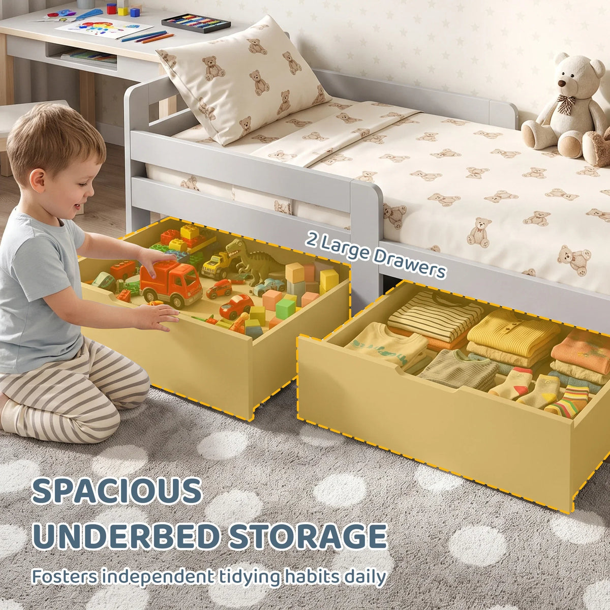 Kids bed frame with two large under-bed storage drawers for toys and bedding