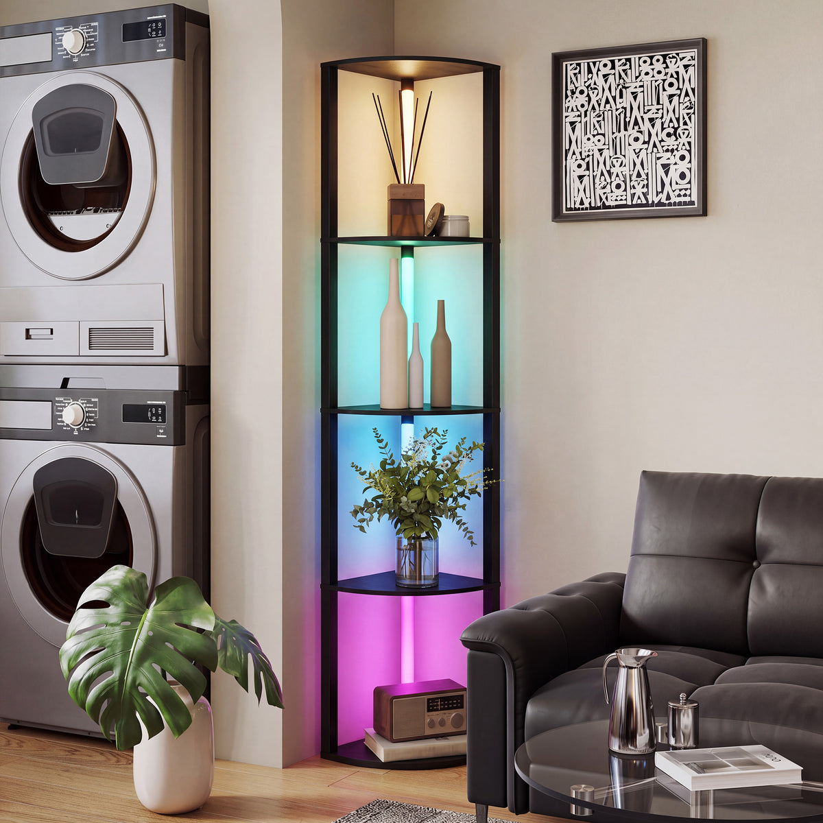 Black RGB floor lamp with four glass shelves glowing in changing colors
