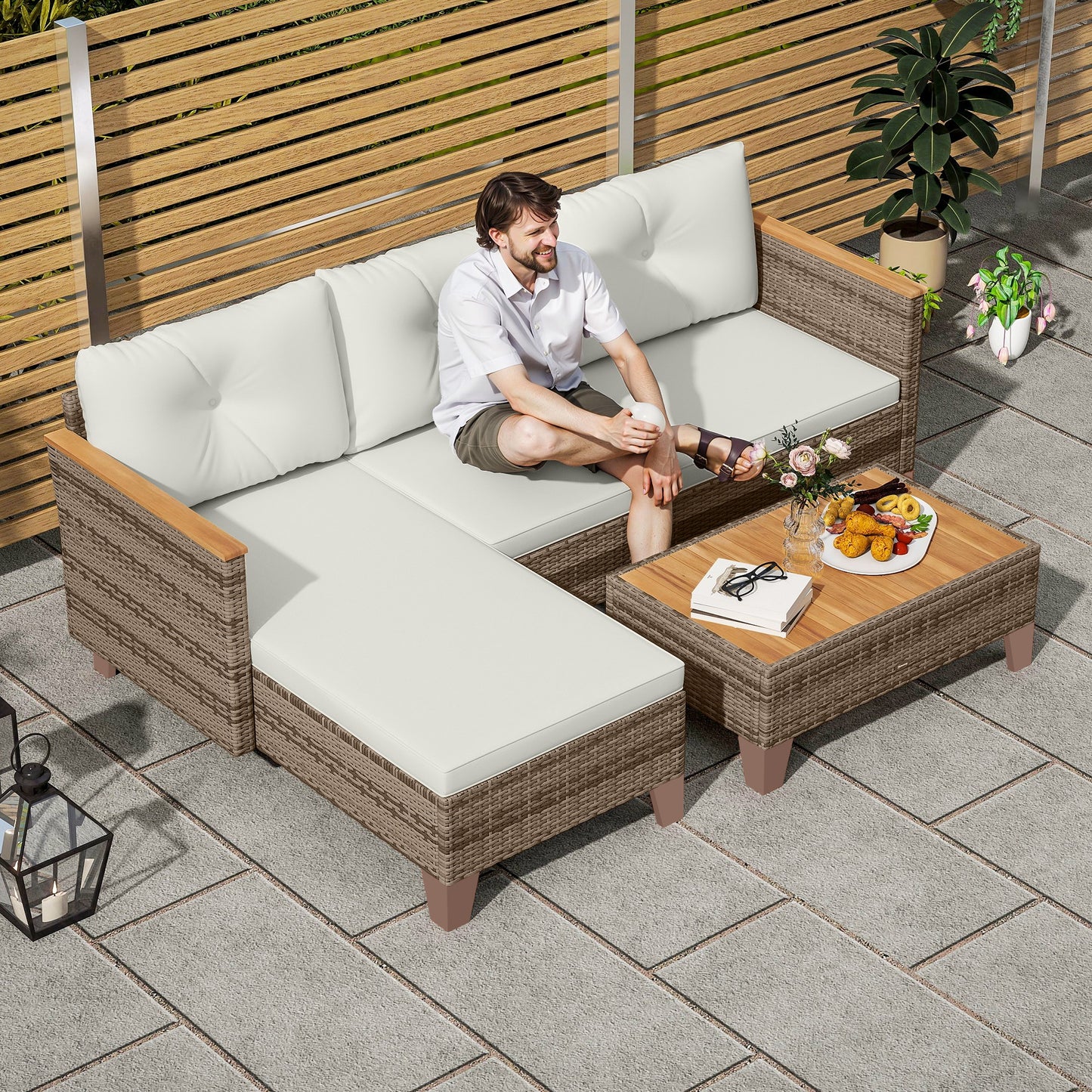 Outsunny 3 Piece Rattan Garden Furniture Set L Conversation Chaise Lounge With Wood Top Coffee Table And Cream Cushions