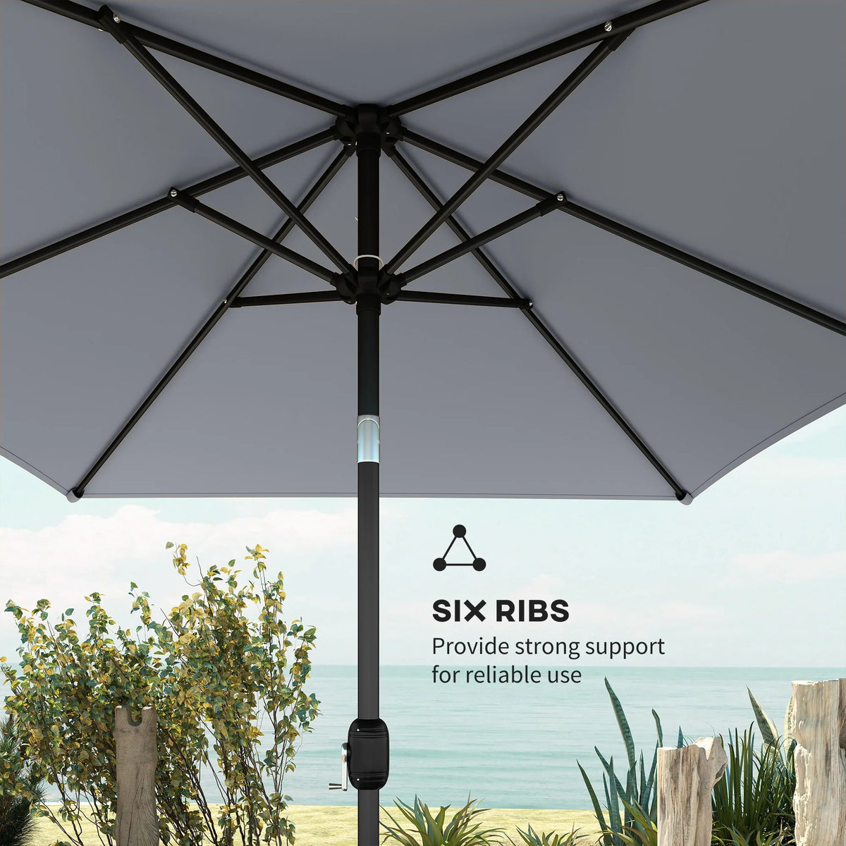 Light grey umbrella canopy showing rib frame with central support pole