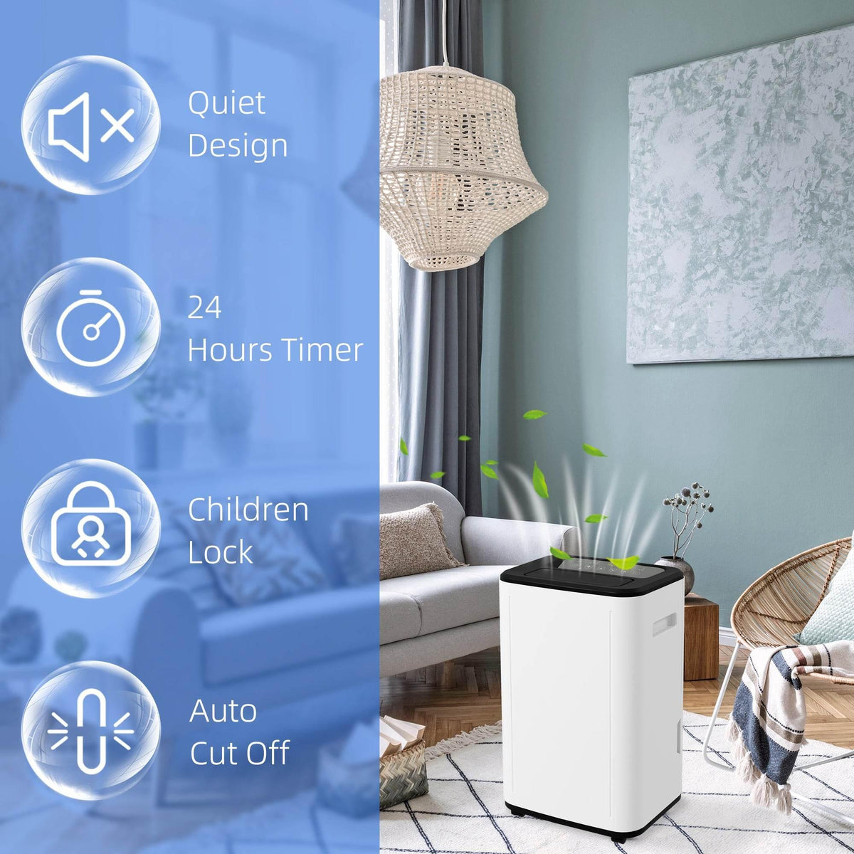White dehumidifier in living room with child-lock and auto shutoff icons overlay