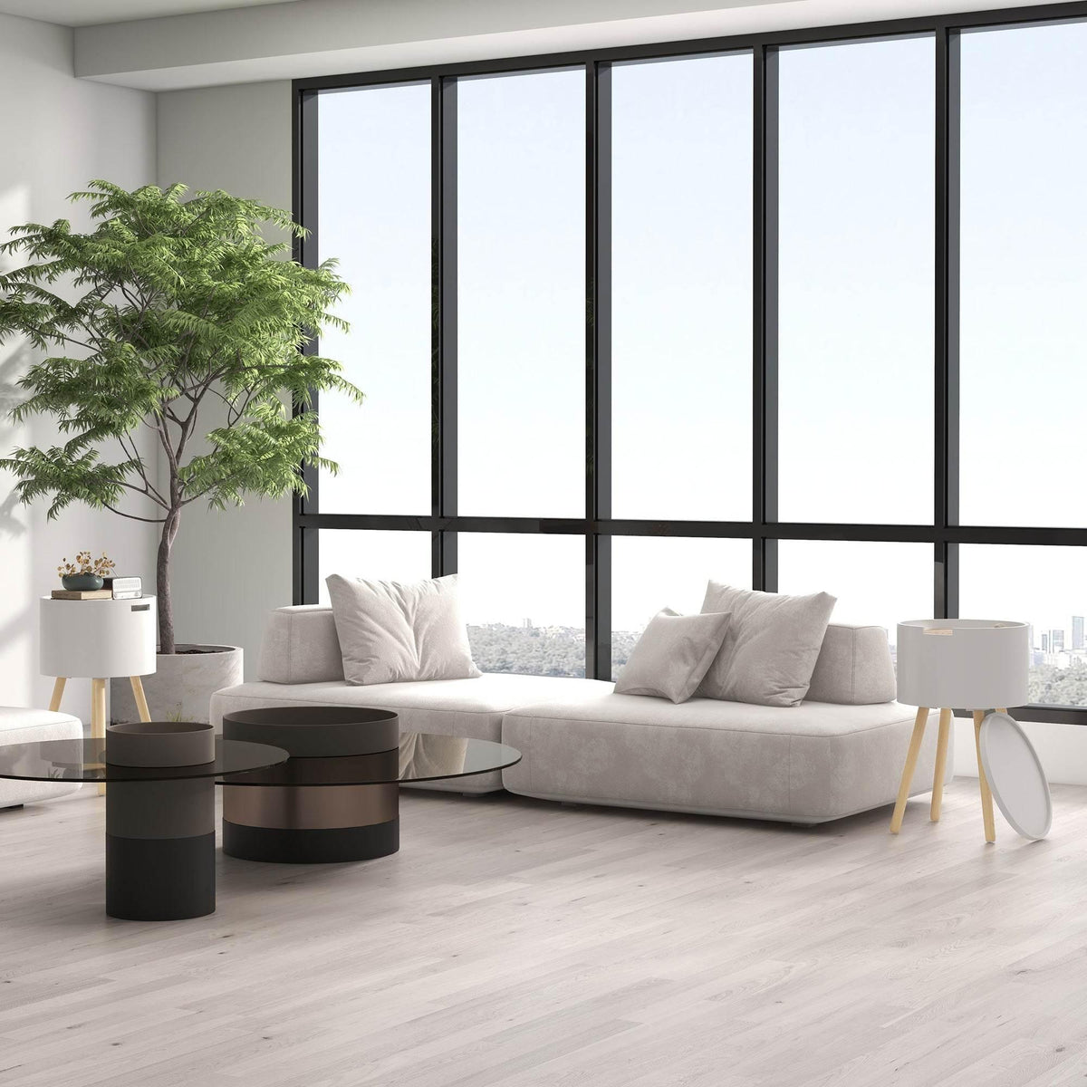 White round side table with removable top, hidden storage, and light wood legs