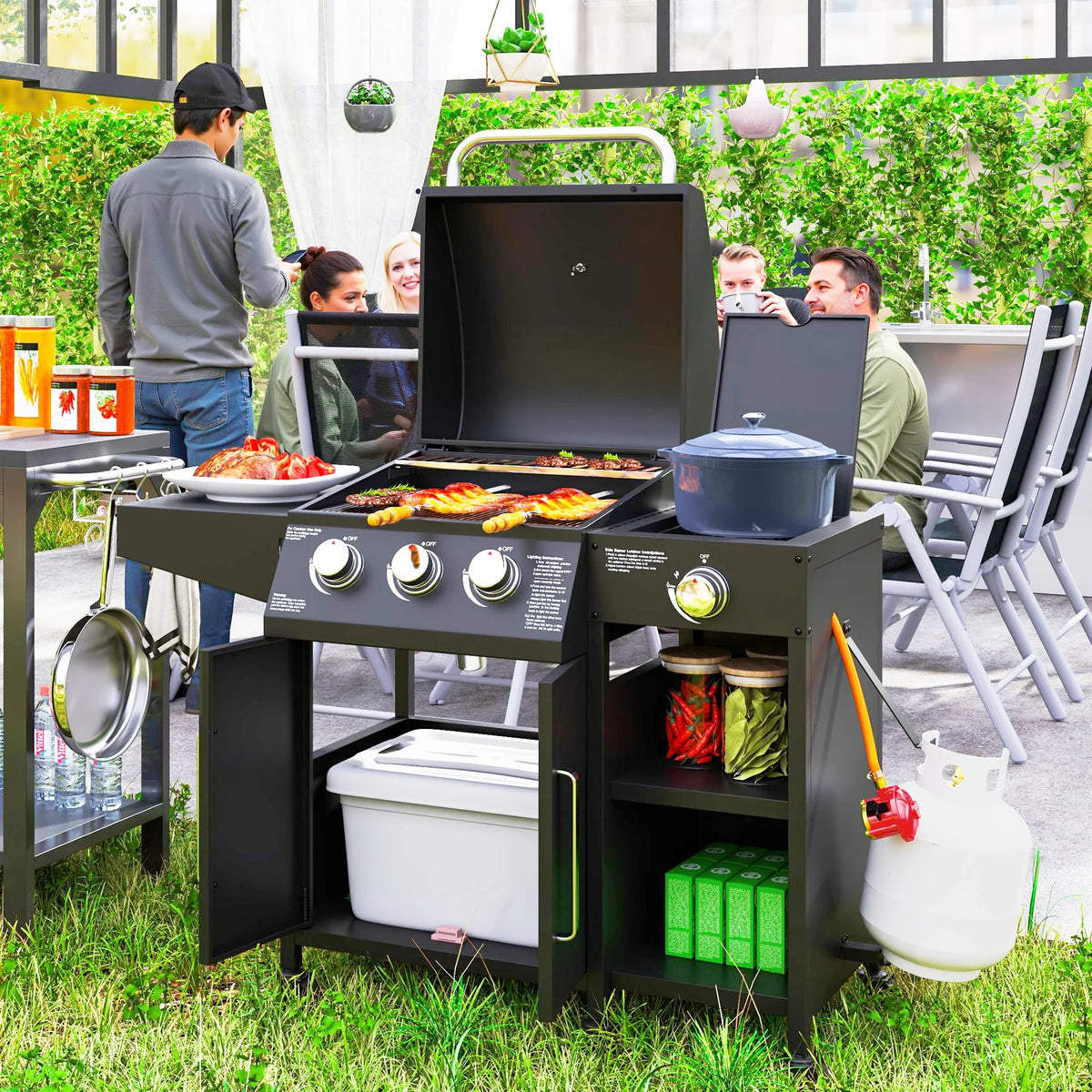 Black gas BBQ grill with lid, side table, and storage cabinet on caster wheels