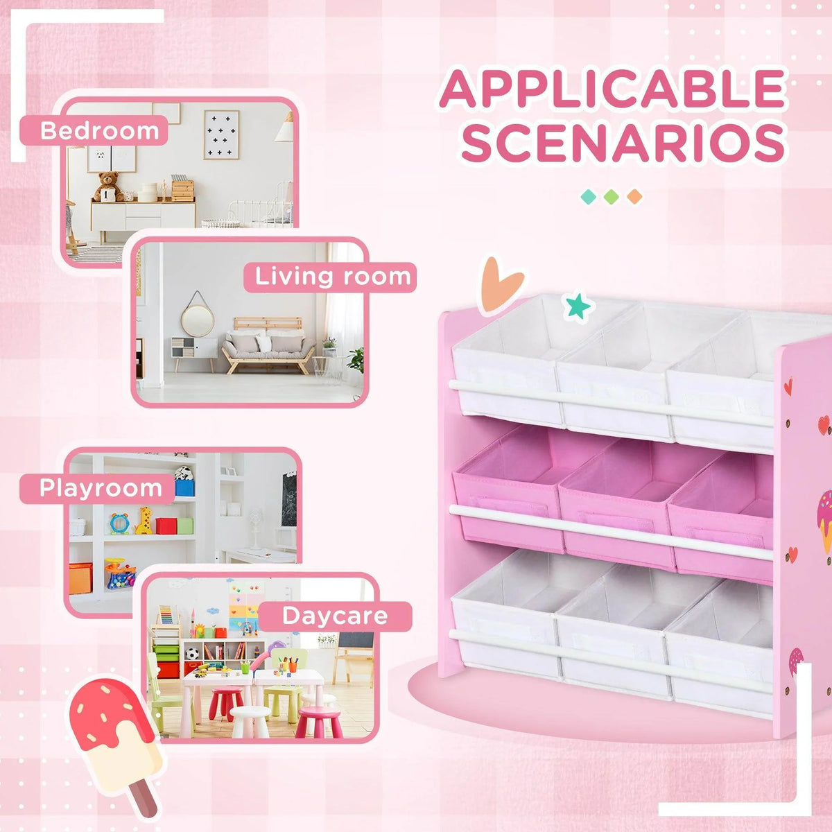 Pink kids storage organizer with open shelves and removable white bins