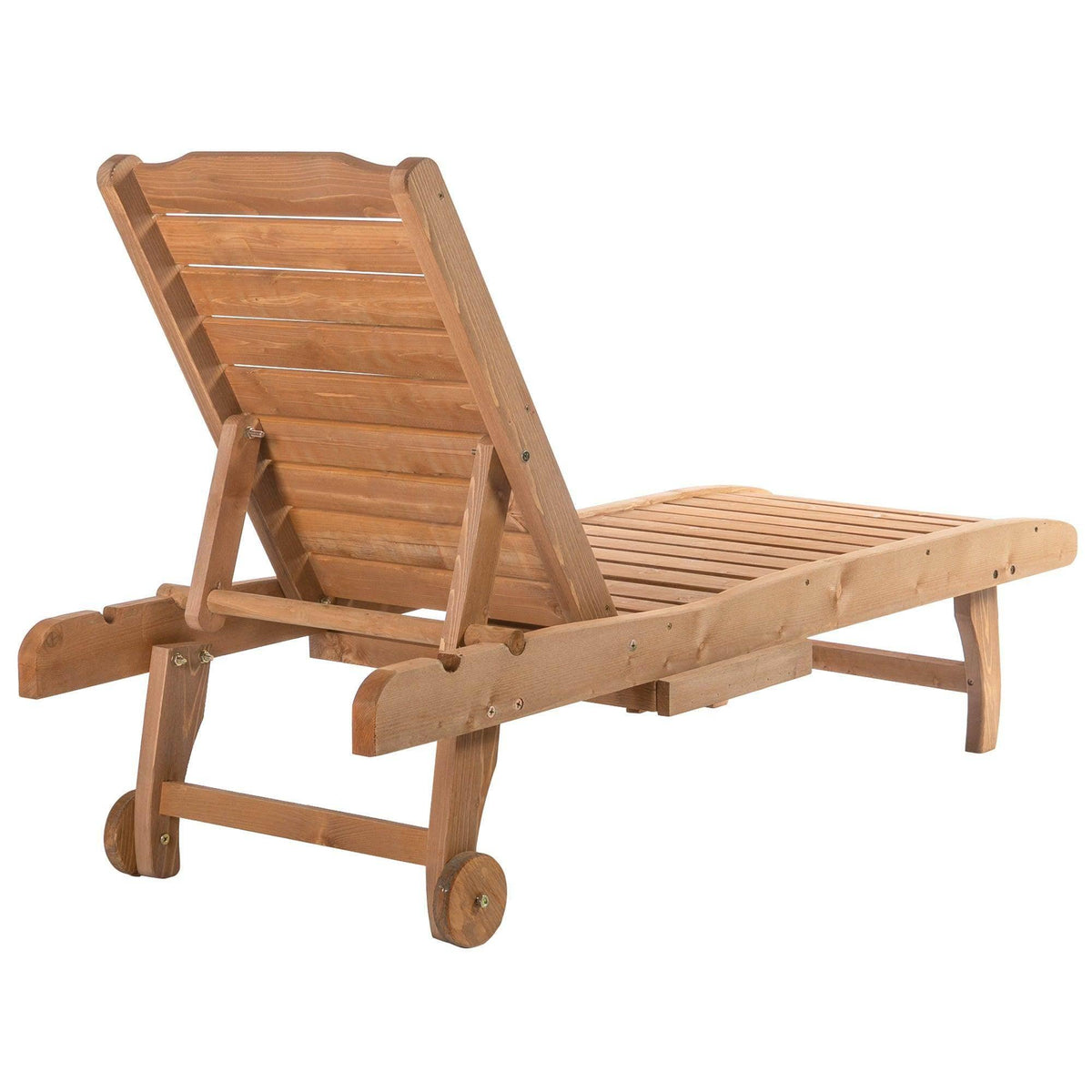 Wooden outdoor lounger chair with adjustable backrest, slatted seat, and caster wheels