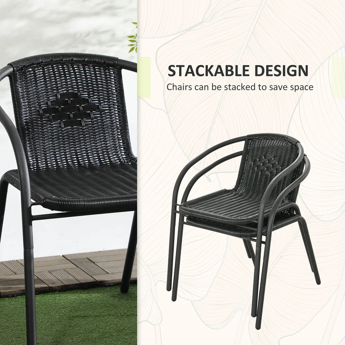 Black woven bistro chair with curved back and armrests, stackable design