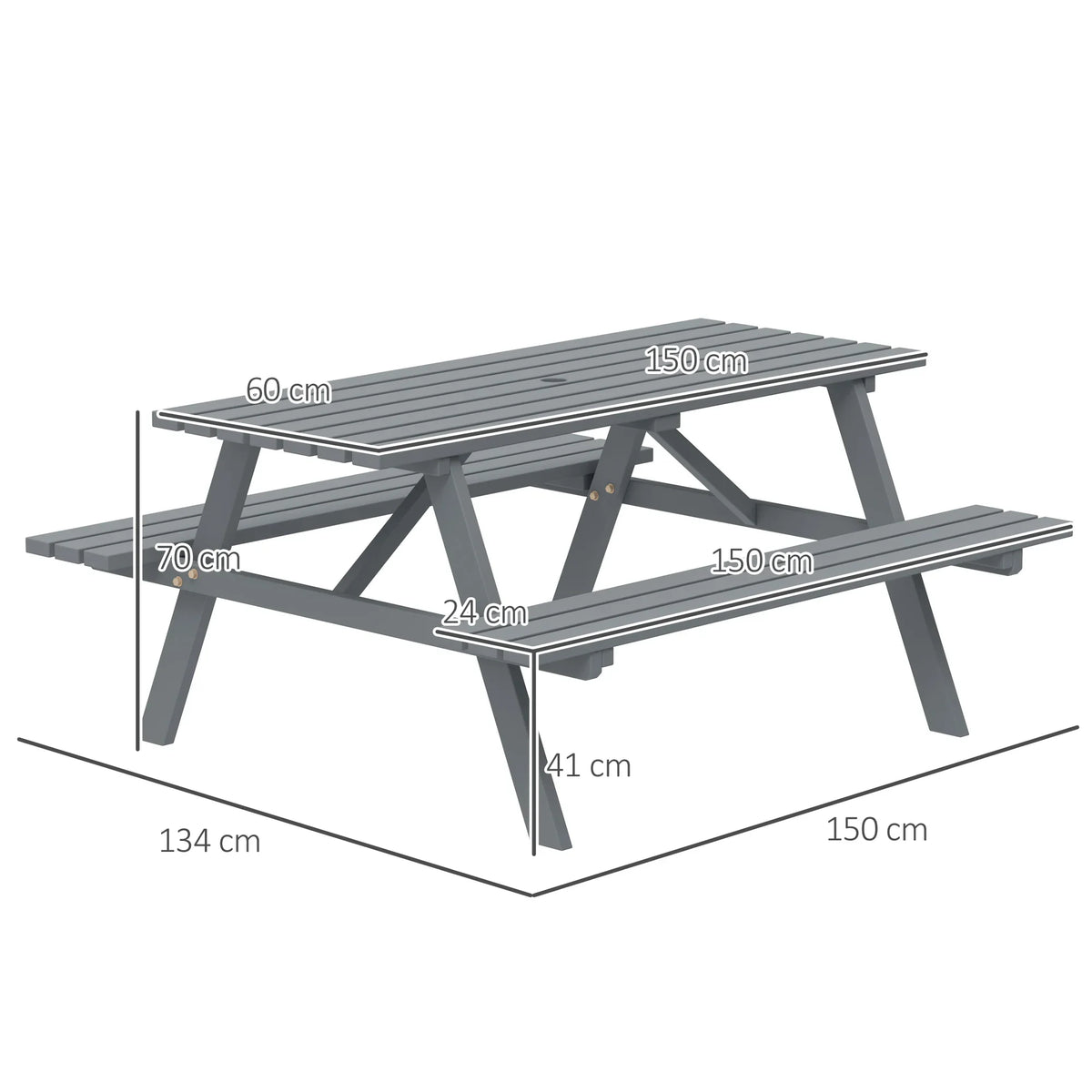 Grey outdoor picnic table bench set, slatted tabletop with side benches, size diagram