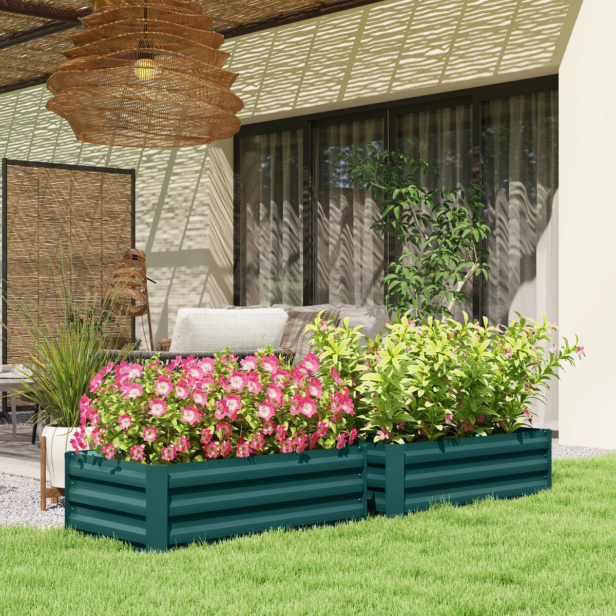 Two green raised galvanized steel planter boxes with slatted sides for outdoor planting