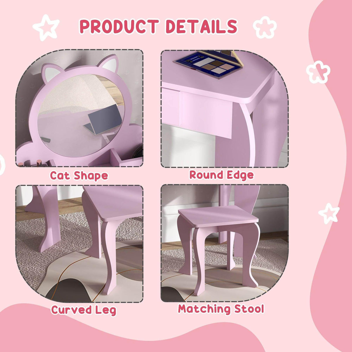 Pink kids vanity set detail view with cat frame, curved legs, and stool