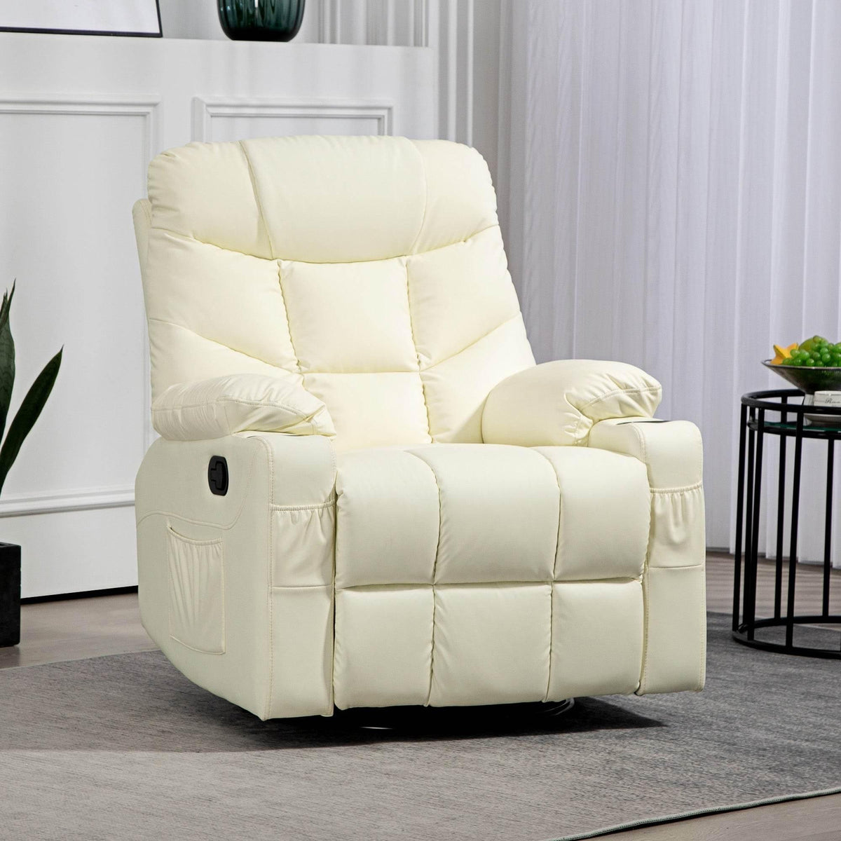 Cream faux leather manual reclining swivel chair with padded back and armrests
