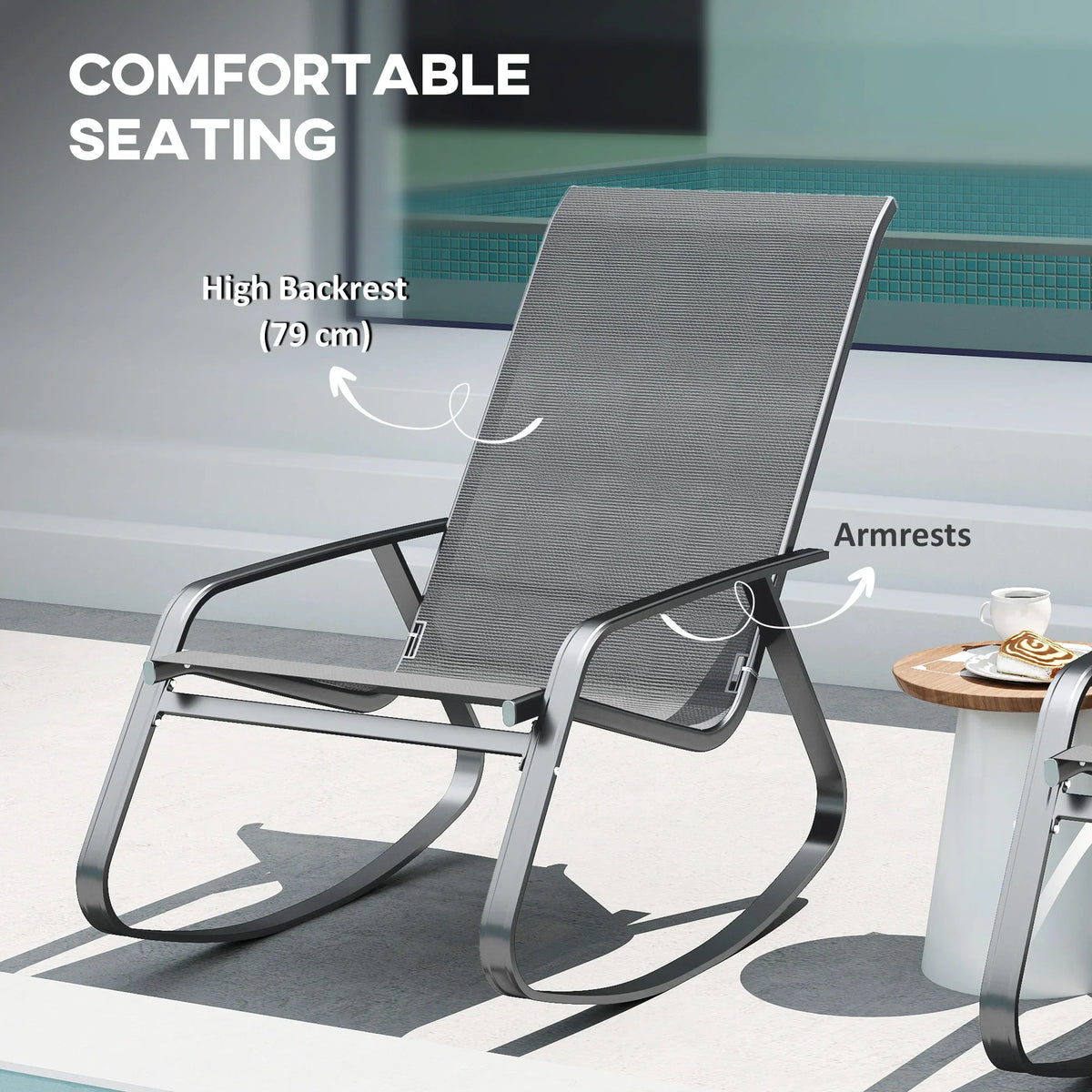 Grey mesh rocking garden chair with high backrest, armrests, and rocker base