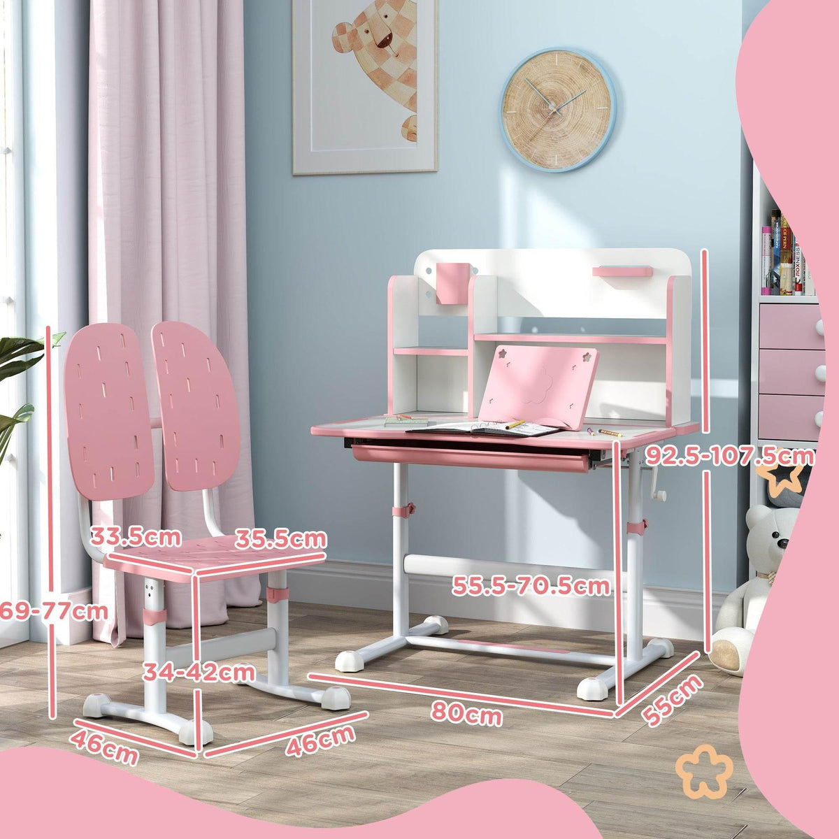 Children's adjustable desk and chair set with pink chair, tiltable top, and size guide