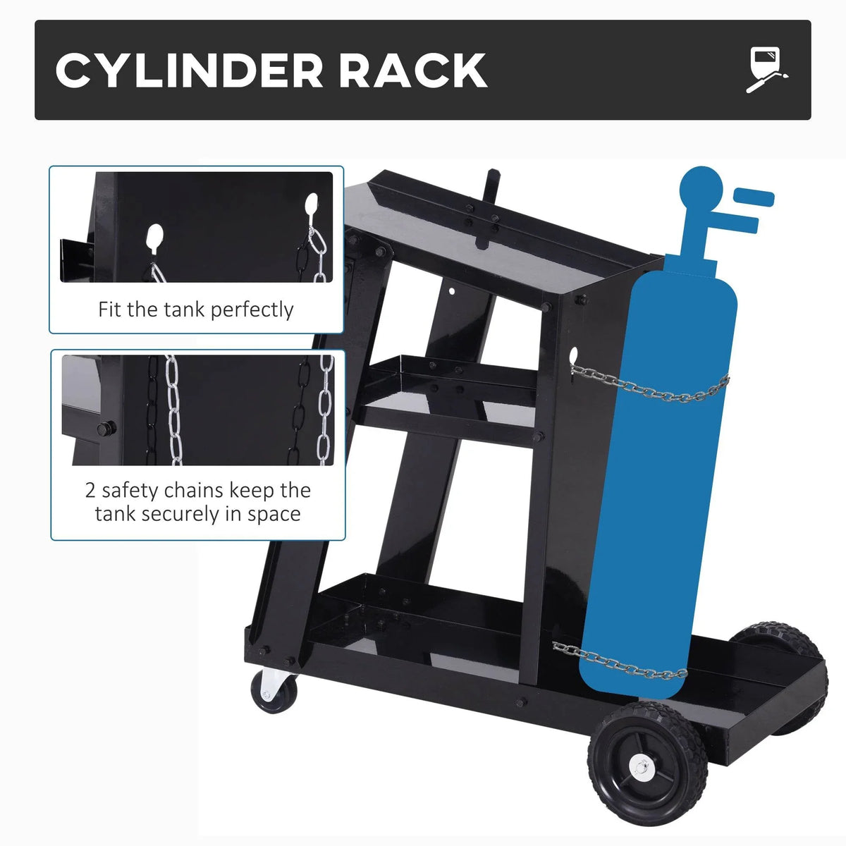 Black cylinder rack welding trolley with three tiers and hanging safety chains