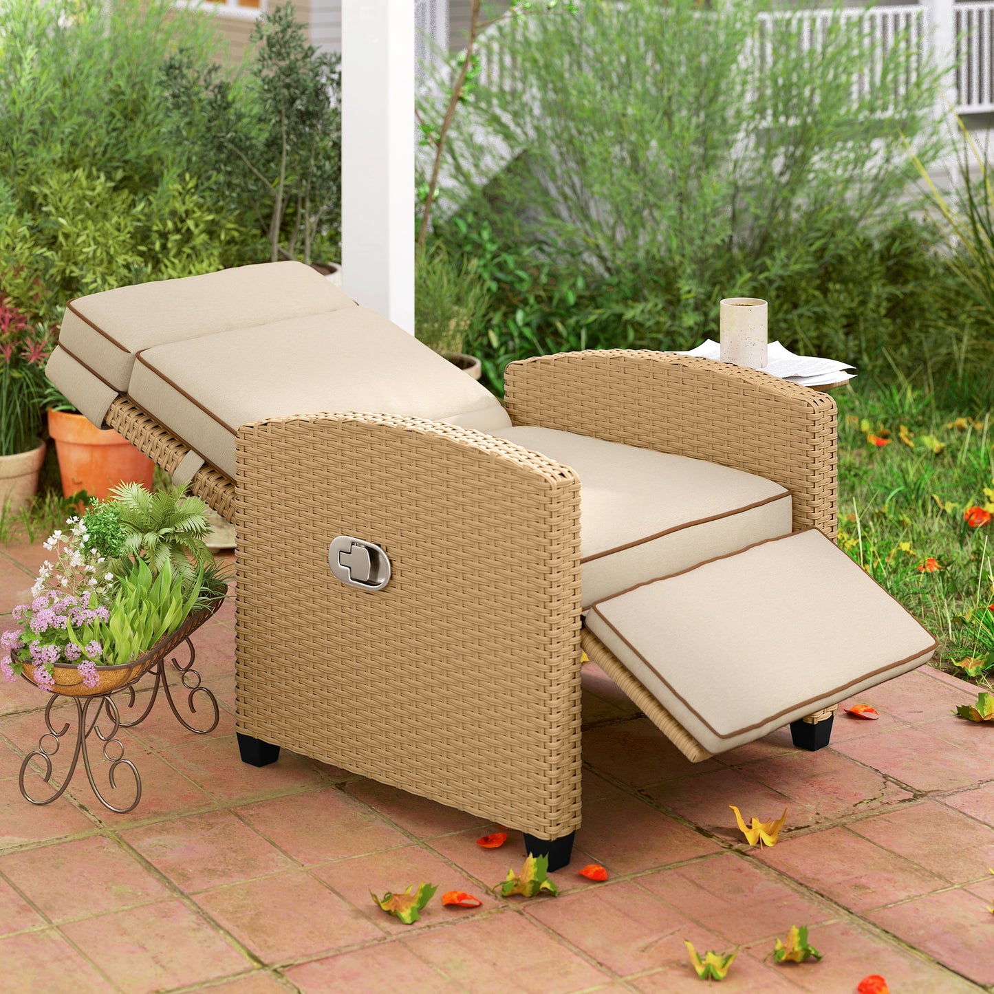 Outsunny 145 Degree Reclining Rattan Armchair With Footrest Khaki Beige Outdoor Lounge Chair