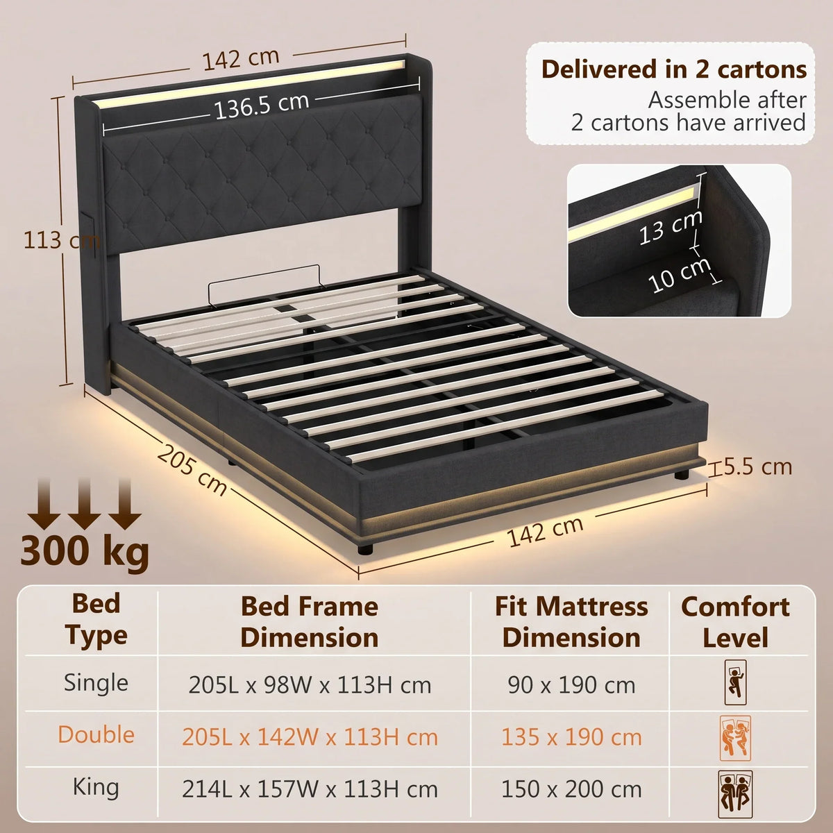 Black double bed frame with hydraulic storage base and adjustable slat support
