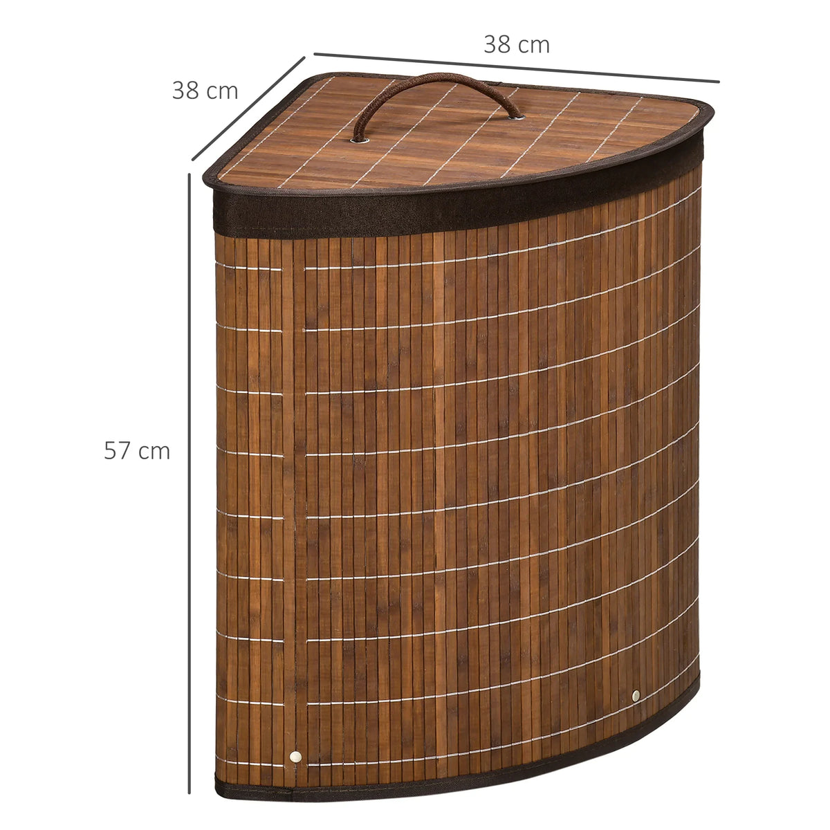 Brown bamboo corner laundry hamper with domed lid and top carrying handle