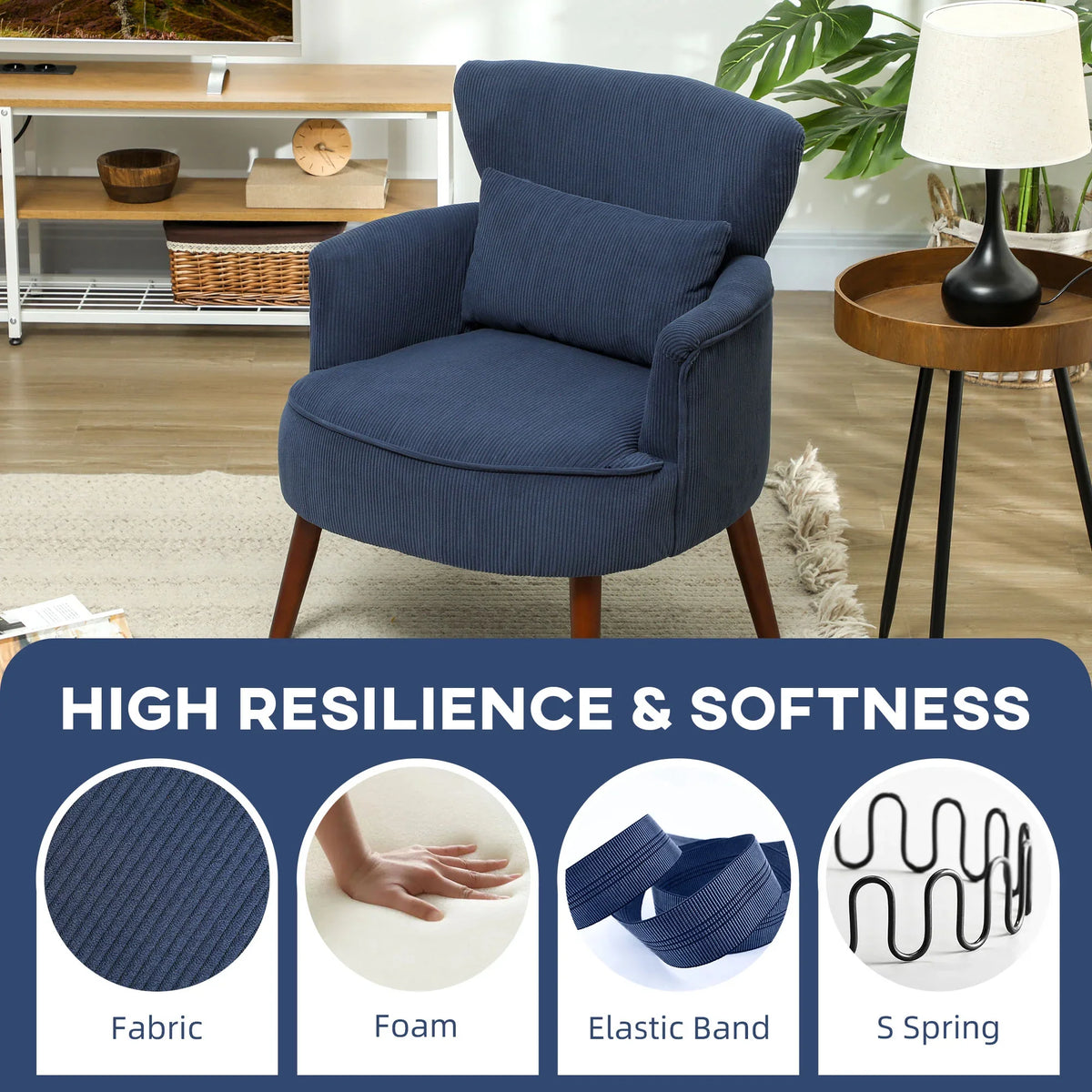 Blue upholstered wingback accent chair with wide seat and curved arms