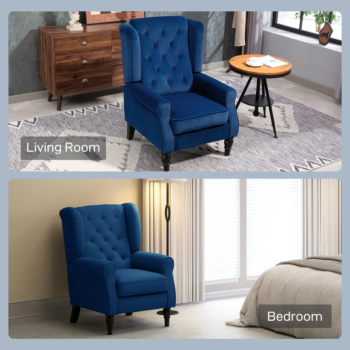 Blue tufted wingback accent chair with rolled arms and black turned legs
