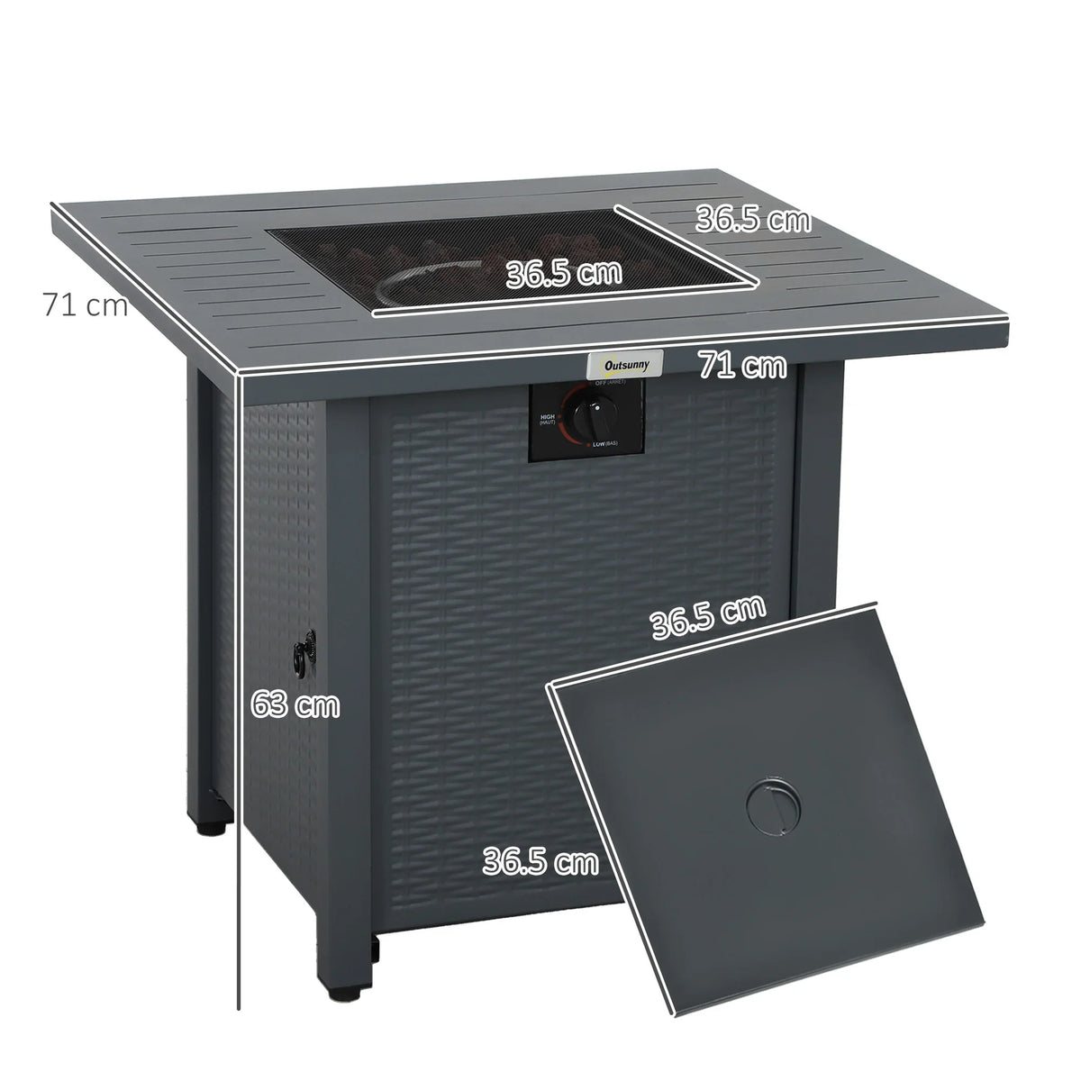 Square gas fire pit table with lift lid and side door, with size labels