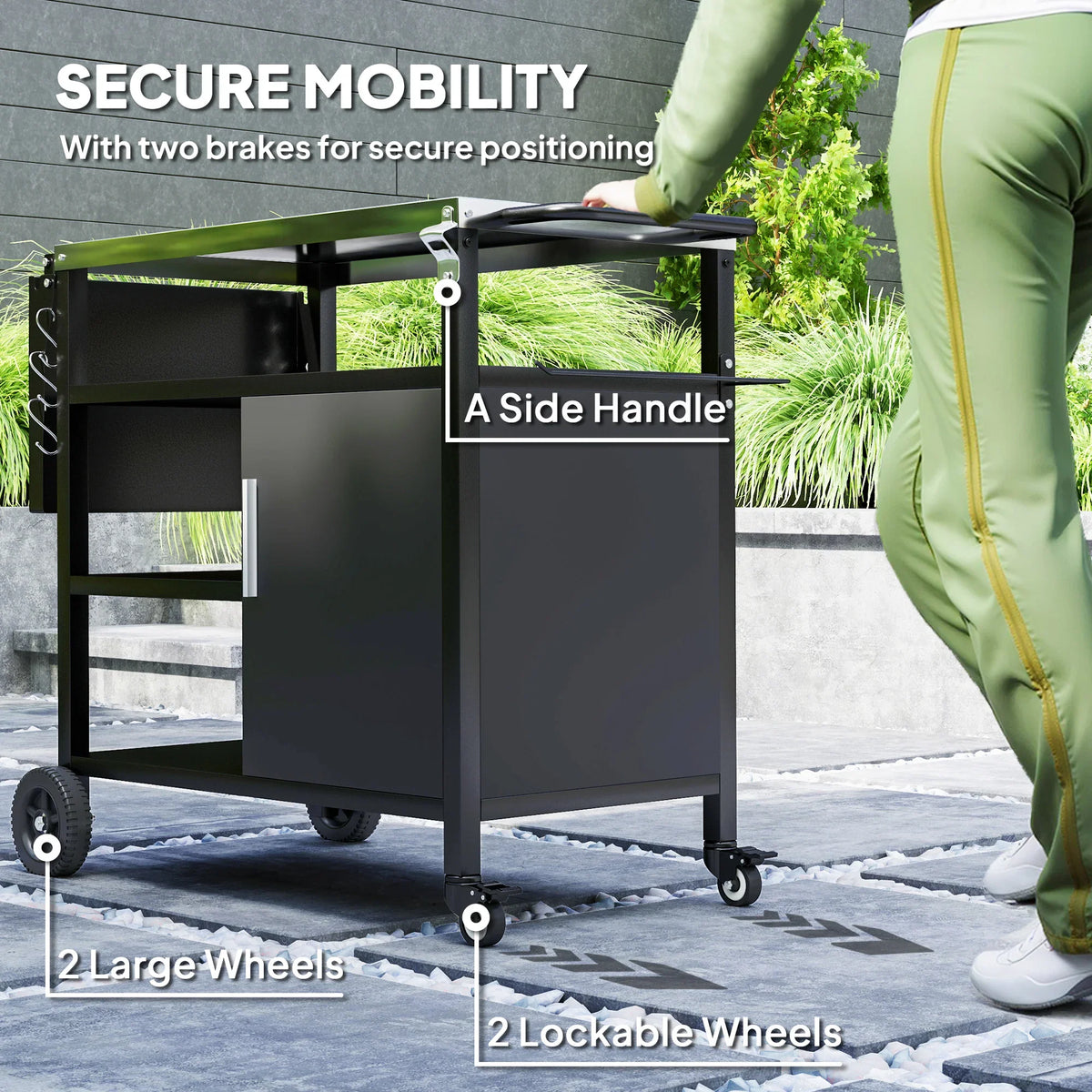 BBQ cart with lockable wheels, two brakes, and side handle for secure mobility.