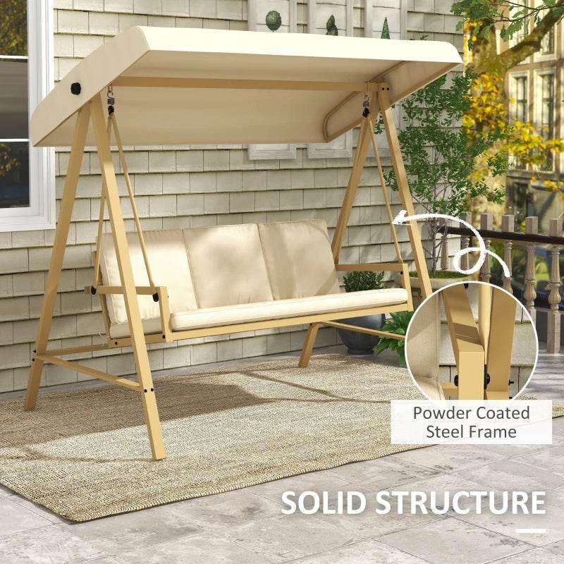 Beige three-seat garden swing chair with canopy and padded cushions on frame