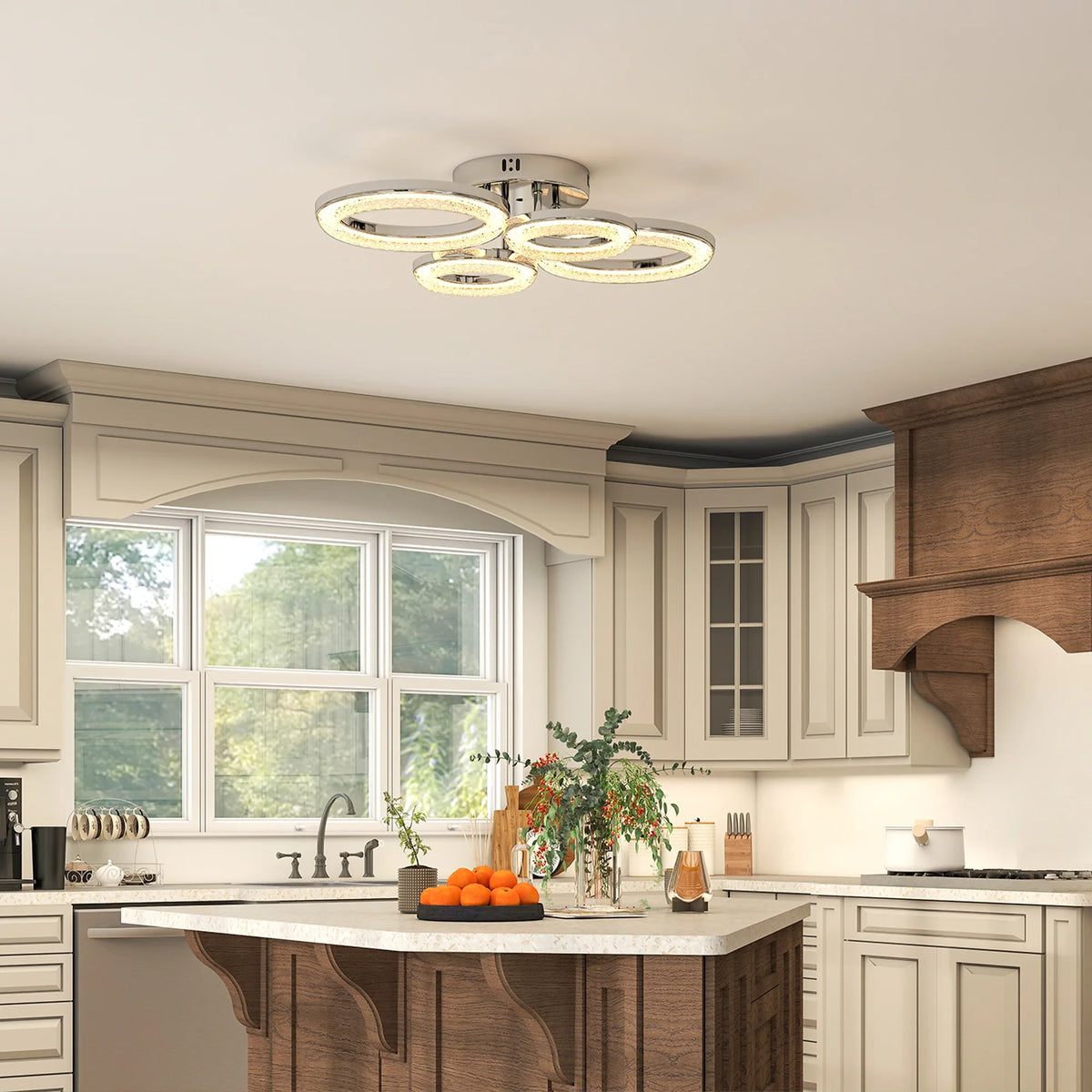 Silver 4-ring LED flush mount ceiling light centered on the ceiling with four rings