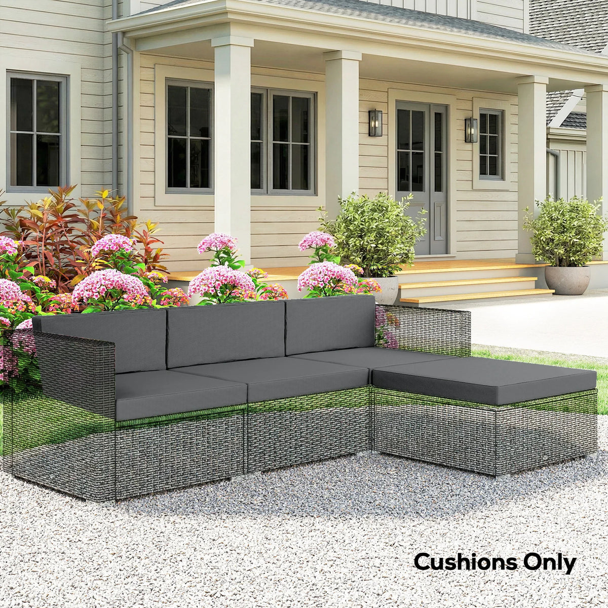 Dark grey outdoor loveseat cushion set with seat and back pads for rattan furniture