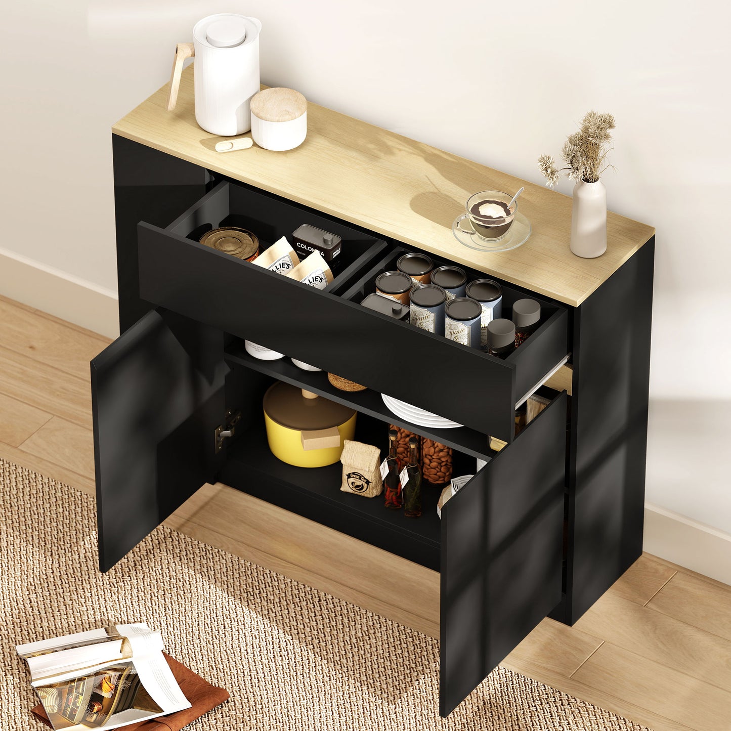 HOMCOM Kitchen Island With Storage Cabinet And Adjustable Shelf Two Drawers Three Open Shelves Black