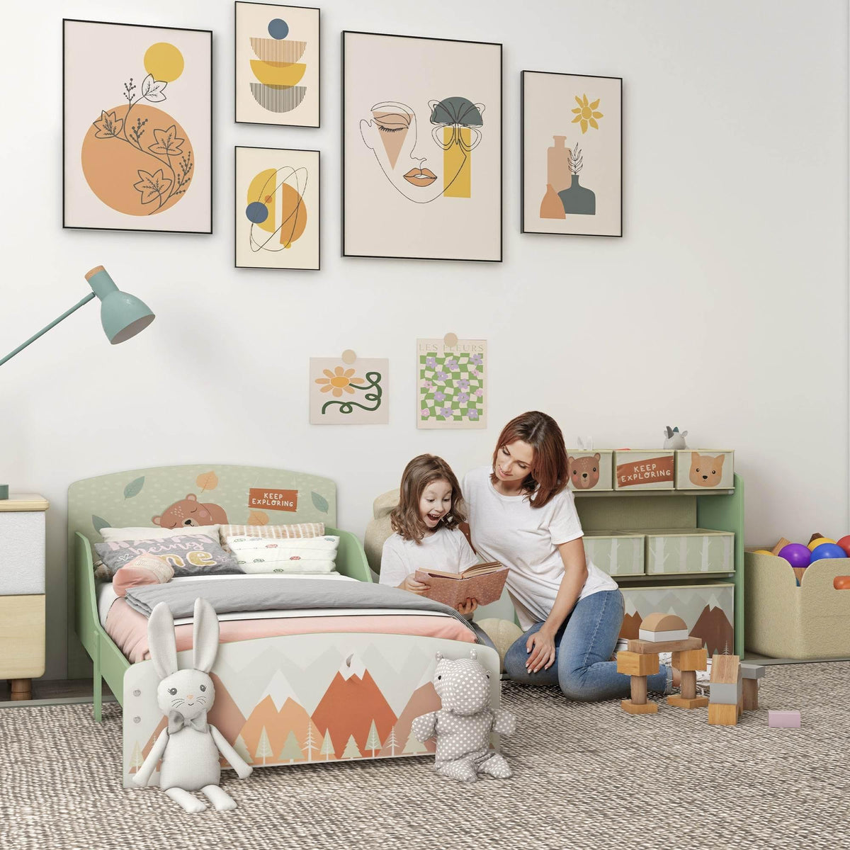 Green toddler bed frame with built-in storage shelf and 6 colorful bins