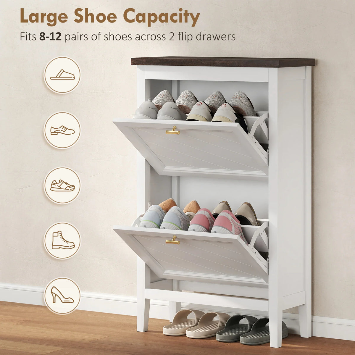 White shoe cabinet with two flip drawers holding multiple pairs of shoes in open compartments