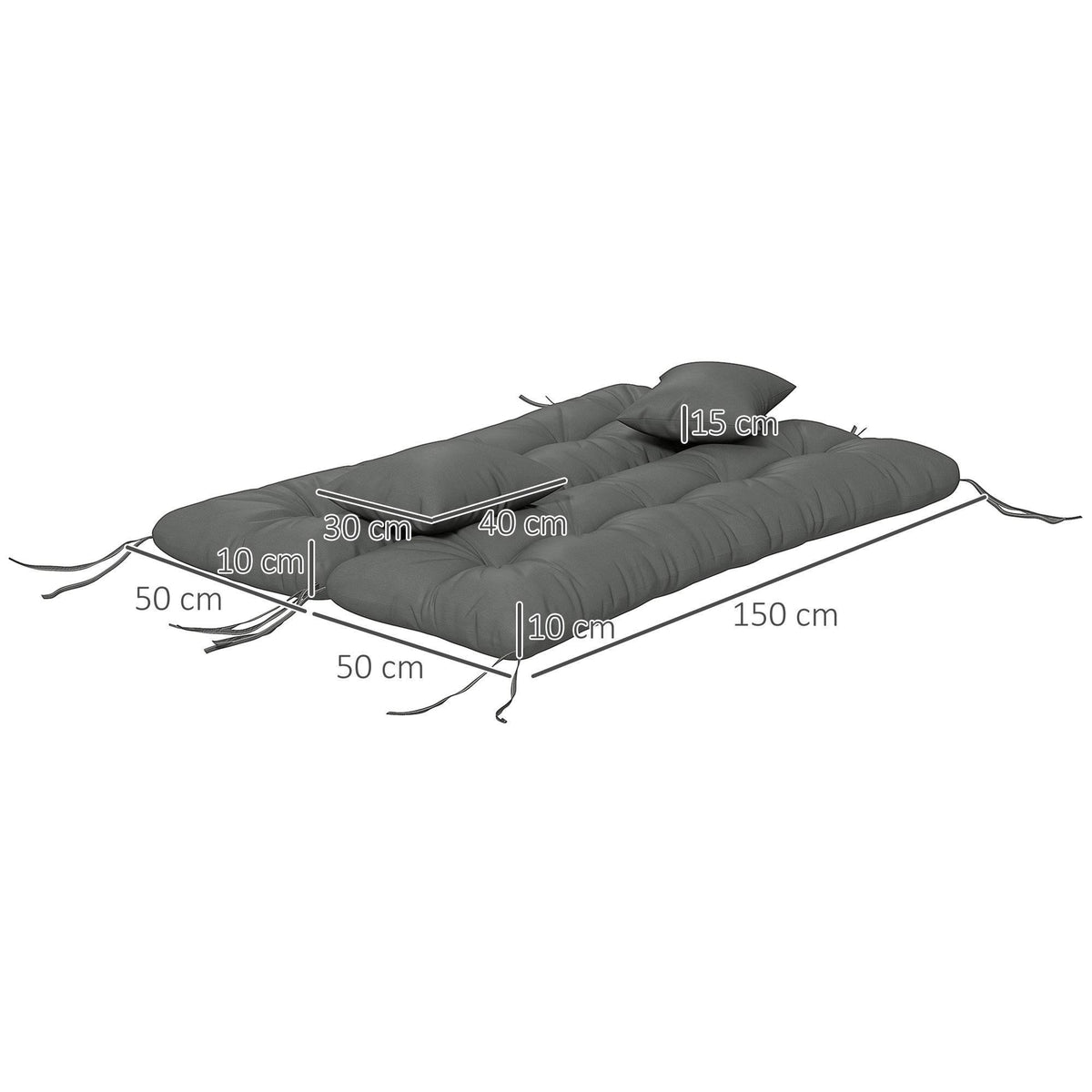 Dark grey patio swing cushion set with pillow and seat pads, shown with size measurements
