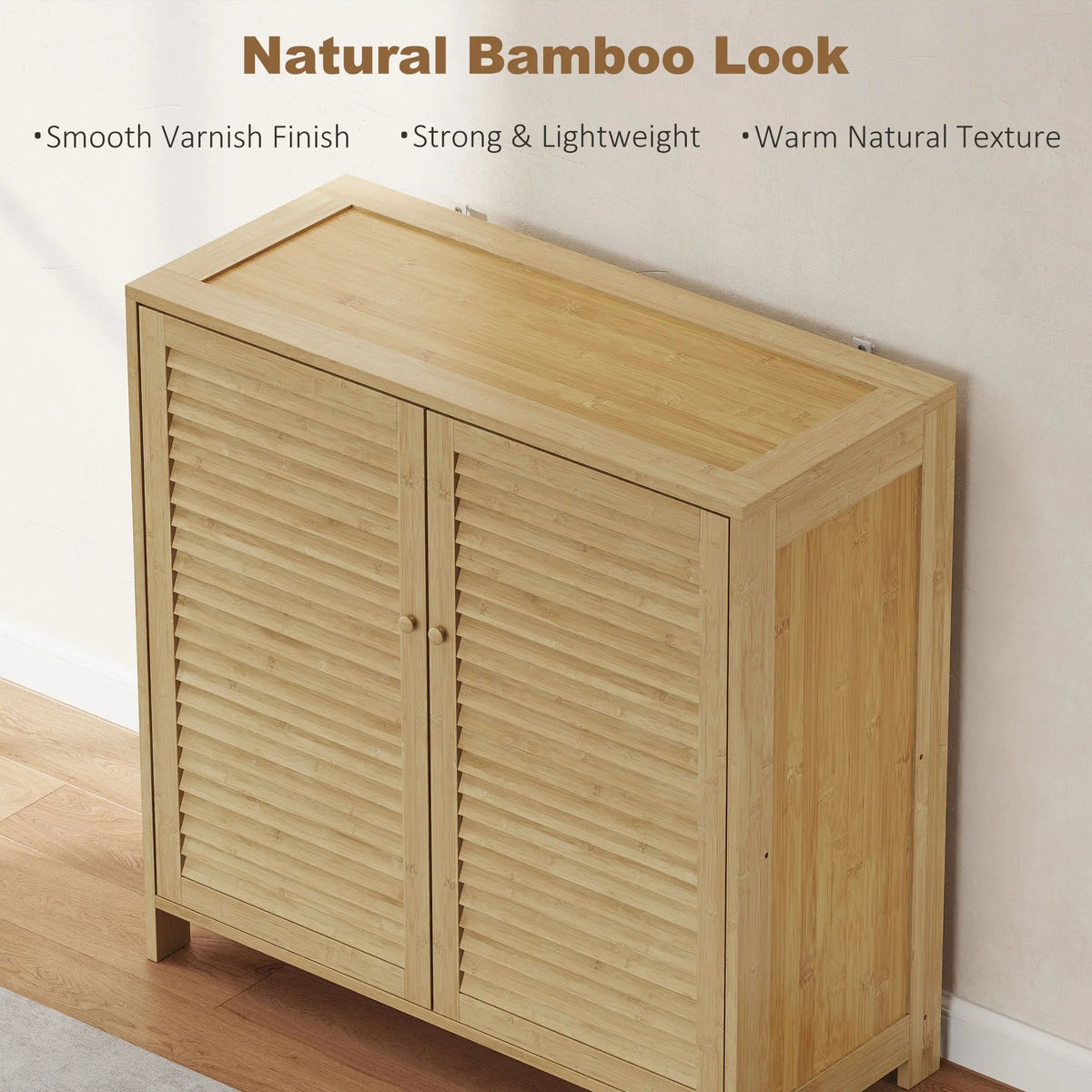 Natural bamboo shoe cabinet with louvered double doors and compact rectangular frame