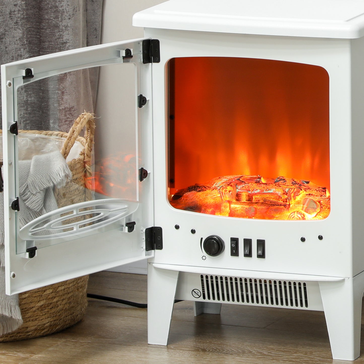 HOMCOM Tempered Glass Casing Electric Fireplace With Realistic Flame Effect Overheat Protection White 950W 1850W