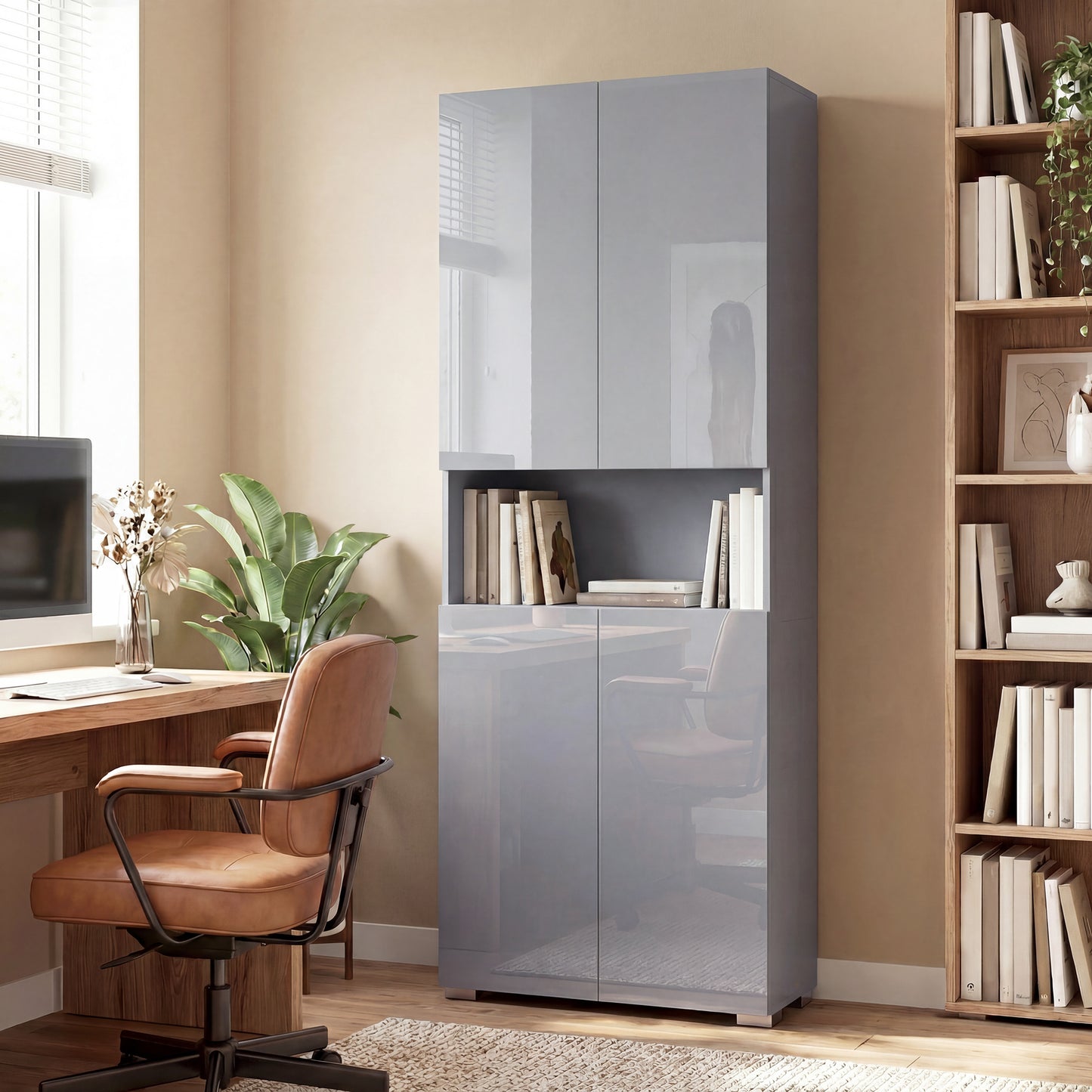 HOMCOM 180 Cm Tall Kitchen Cupboard Pantry Storage Cabinet With Soft Close Doors And Adjustable Shelves High Gloss Grey