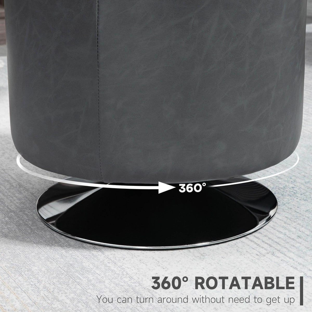 Gray round footstool with 360° rotating black base and silver outer rim