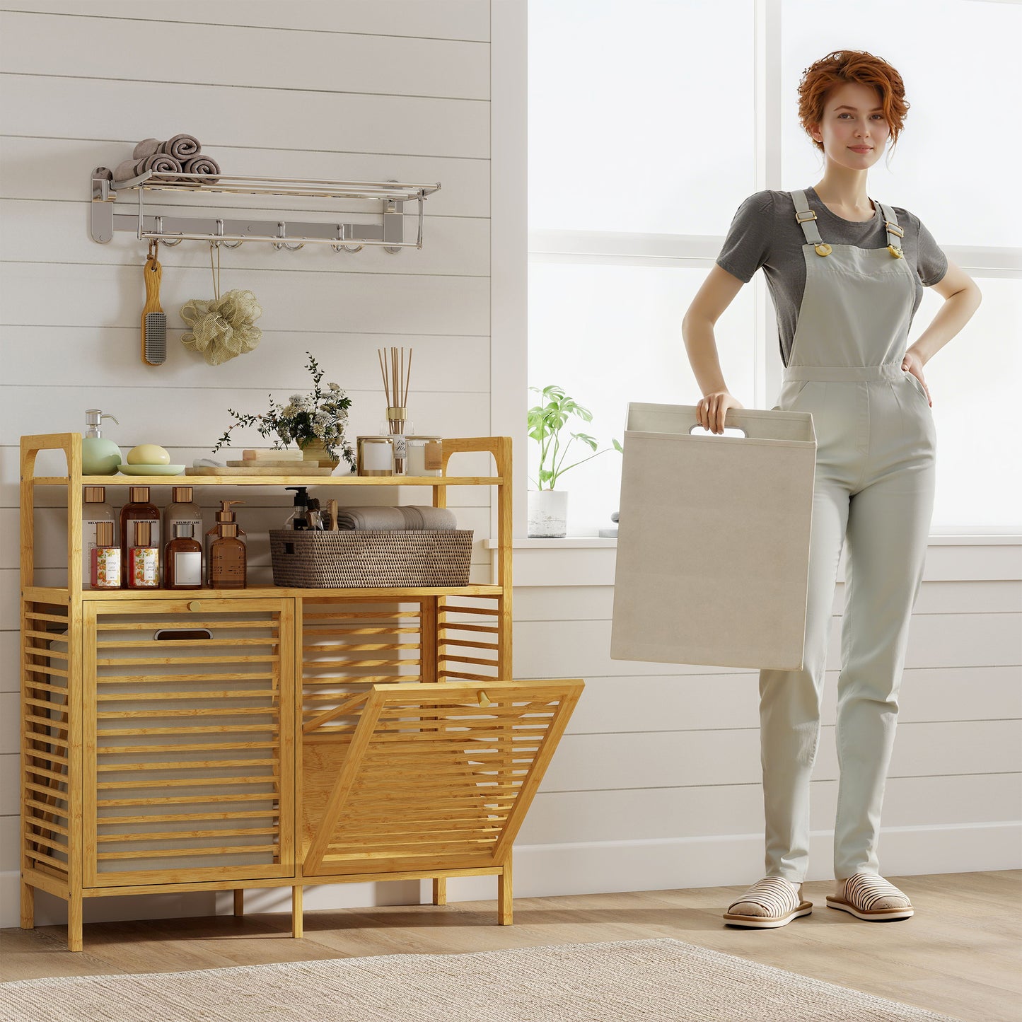 HOMCOM Double Tilt Out Bamboo Laundry Cabinet Freestanding Bathroom Storage With 2 Removable Baskets Natural Finish