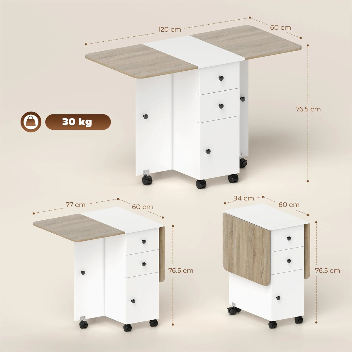 Drop-leaf folding dining table with white frame, oak tabletop panels, and drawer storage; size view