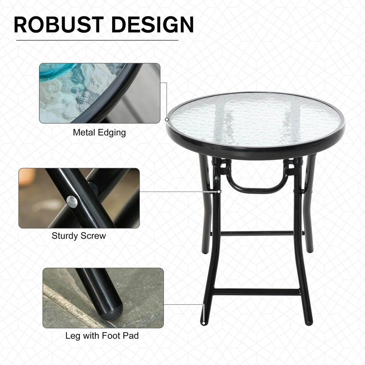 Black round folding garden table with glass top, sturdy legs and protective foot pads