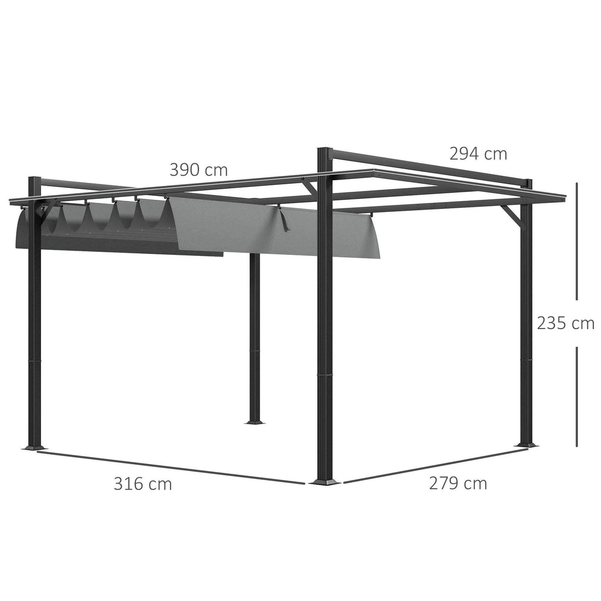 Dark grey retractable pergola frame with retractable canopy, shown with measurements diagram