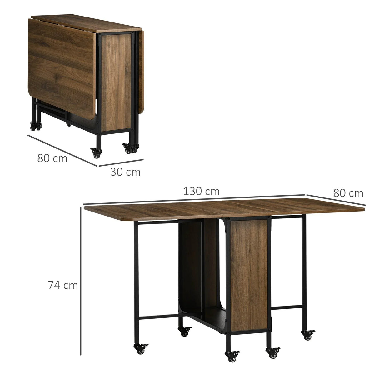 Folding dining table with storage cabinet, brown wood panels and black steel legs with wheels
