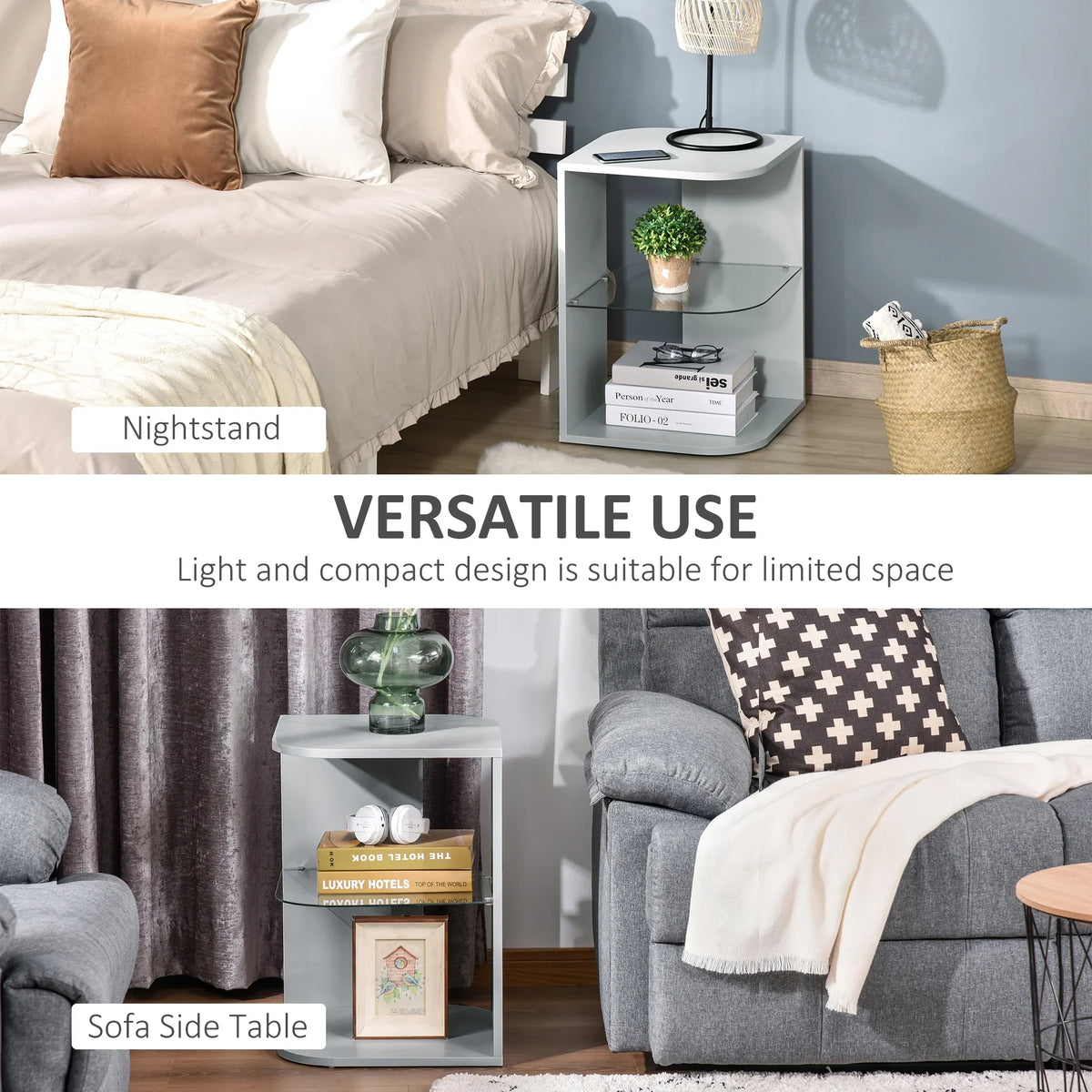 Grey side table with white top, glass shelf, and open lower storage for bedside use